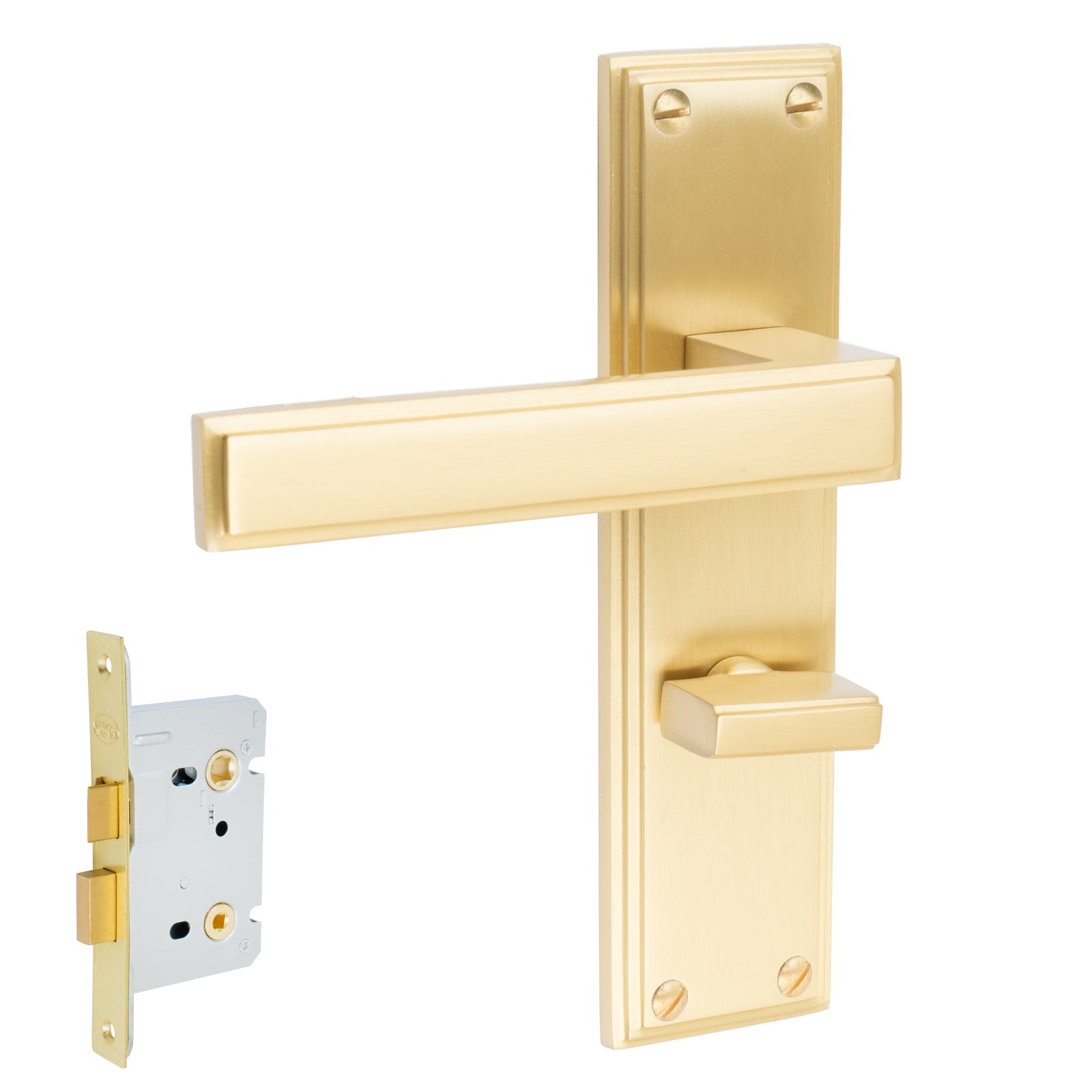 Atlantis Door Handles On Plate Bathroom Handle Set in Satin Brass