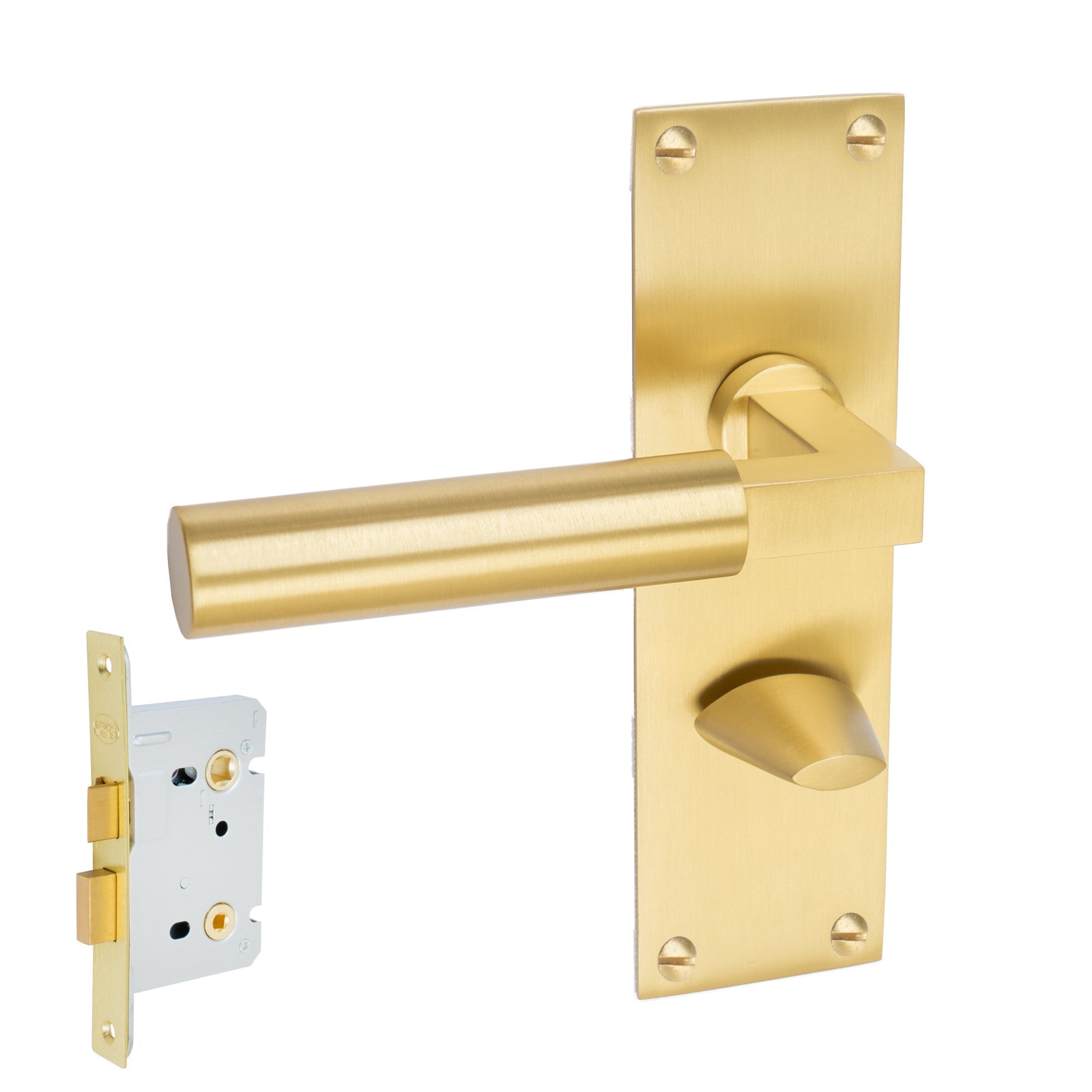 Bauhaus Door Handles On Plate Bathroom Handle Set in Satin Brass