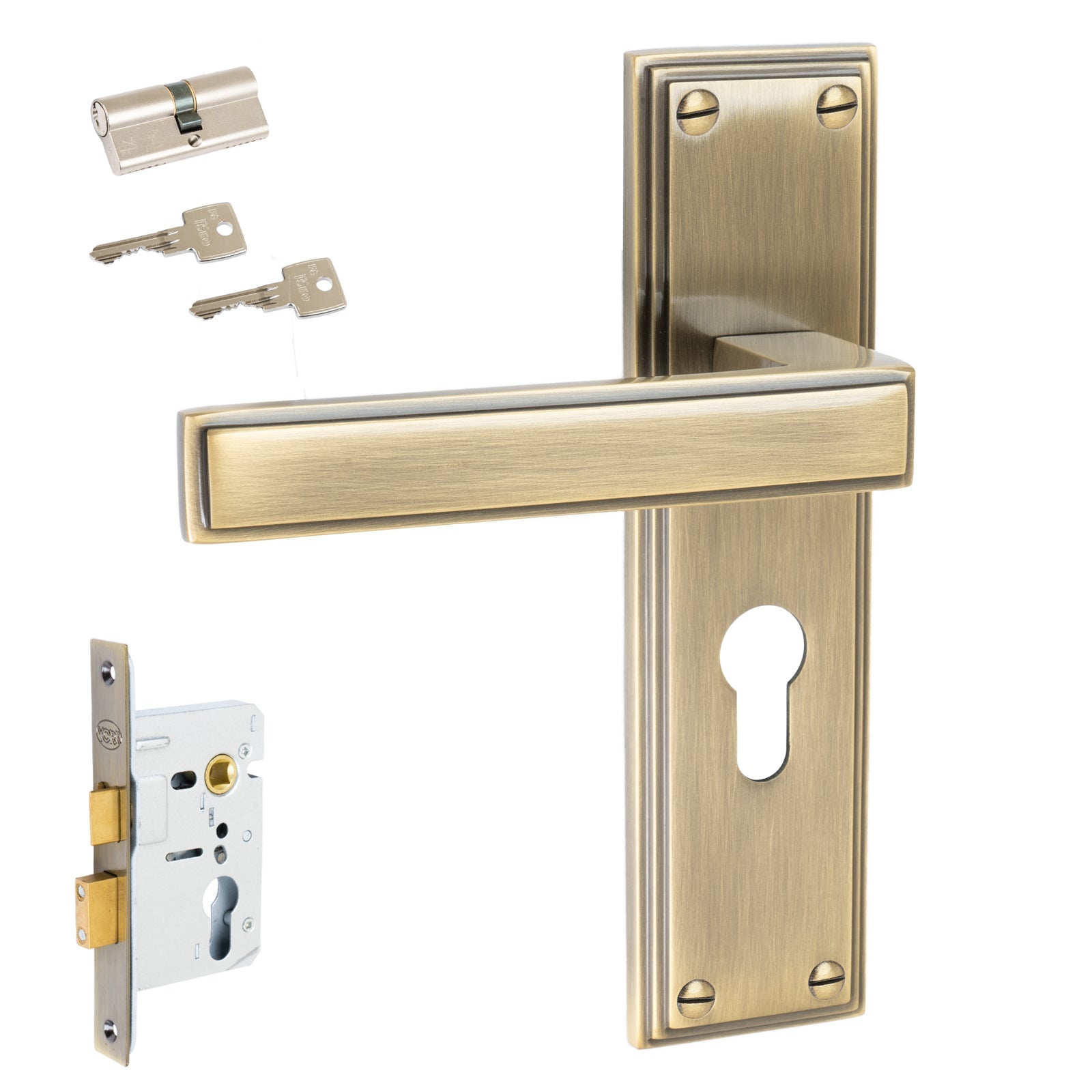 Atlantis Door Handles On Plate Euro Lock Handle Set in Aged Brass