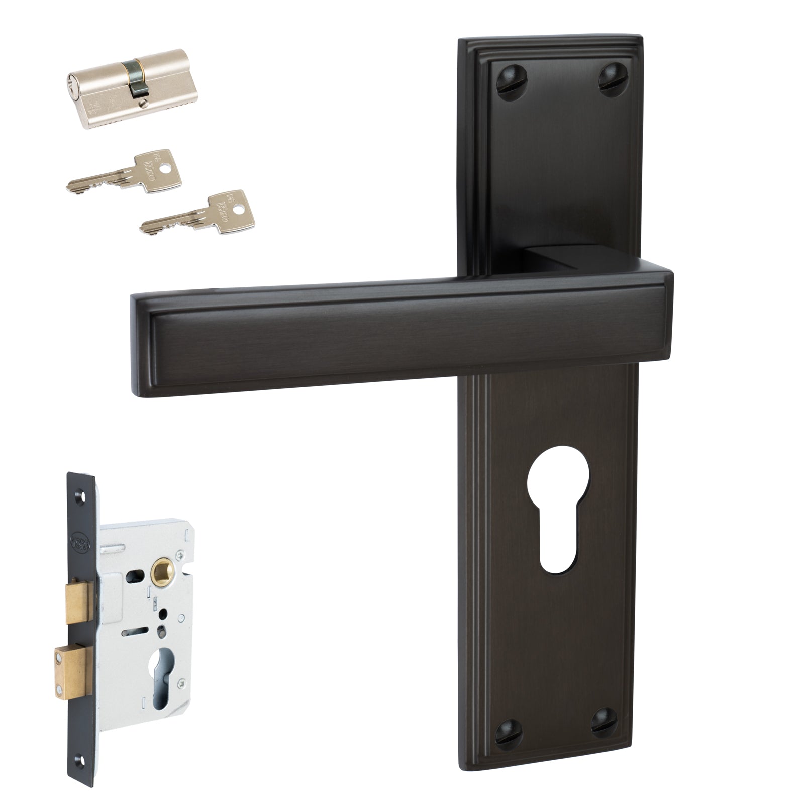 Atlantis Door Handles On Plate Euro Lock Handle Set in Matt Bronze