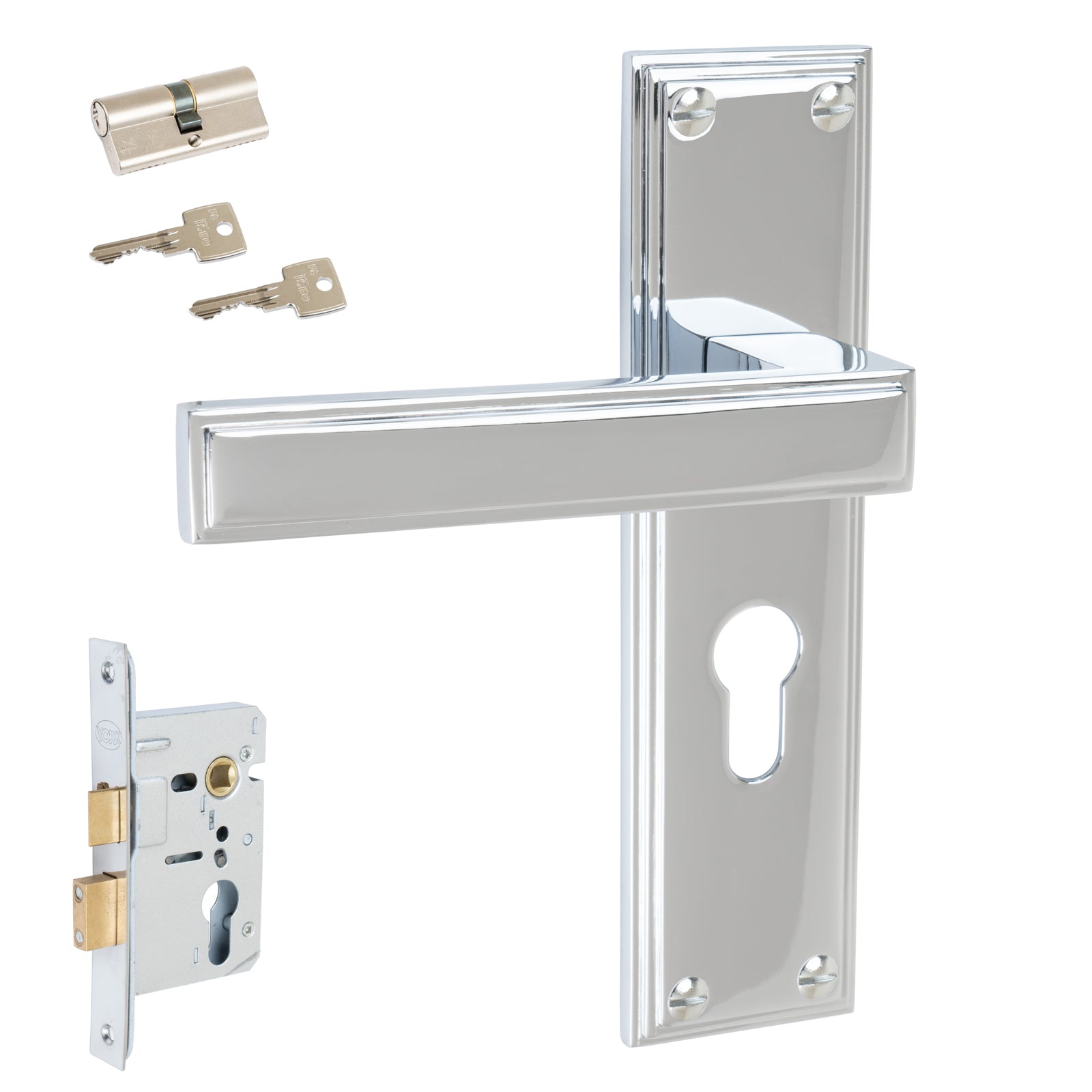 Atlantis Door Handles On Plate Euro Lock Handle Set in Polished Chrome