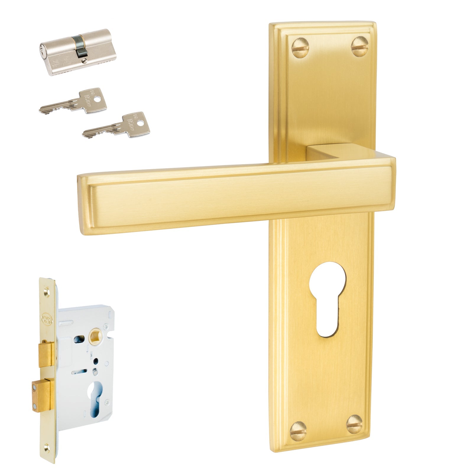 Atlantis Door Handles On Plate Euro Lock Handle Set in Satin Brass