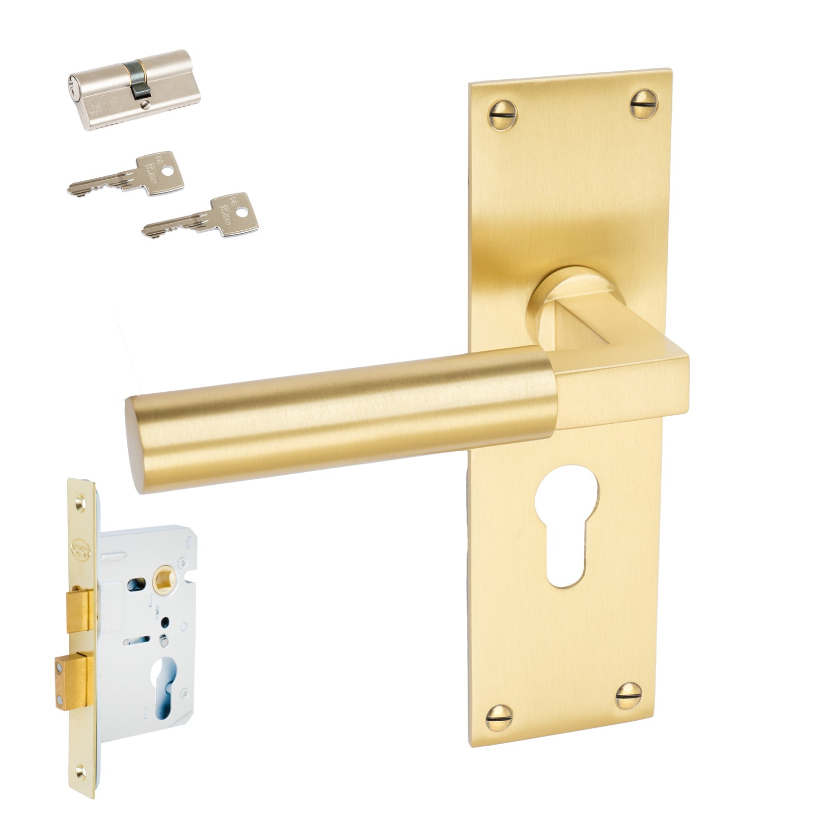 Bauhaus Door Handles On Plate Euro Lock Handle Set in Satin Brass