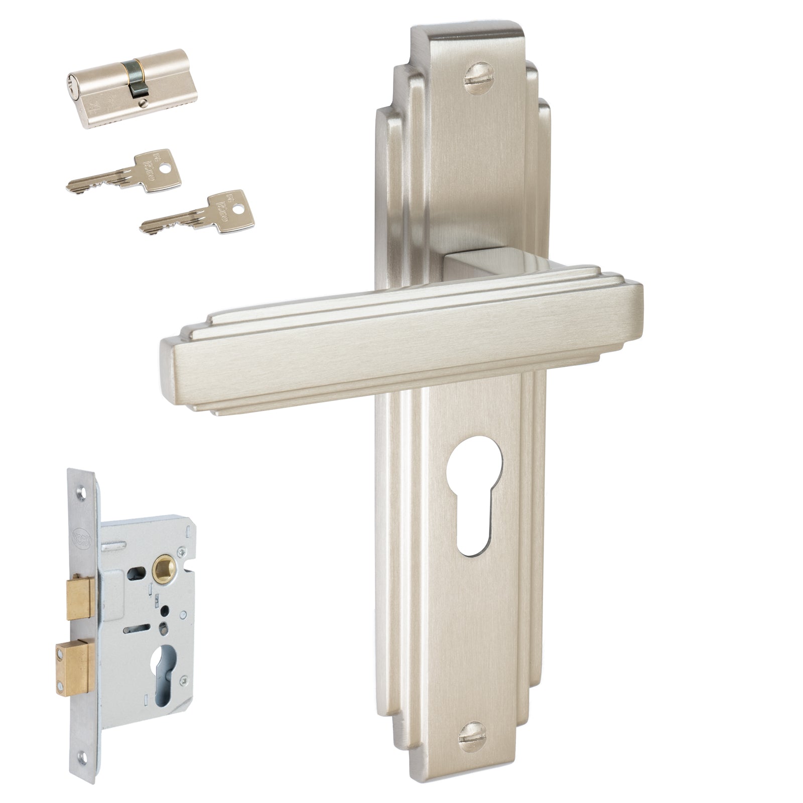 Astoria Door Handles On Plate Euro Lock Handle Set in Satin Nickel