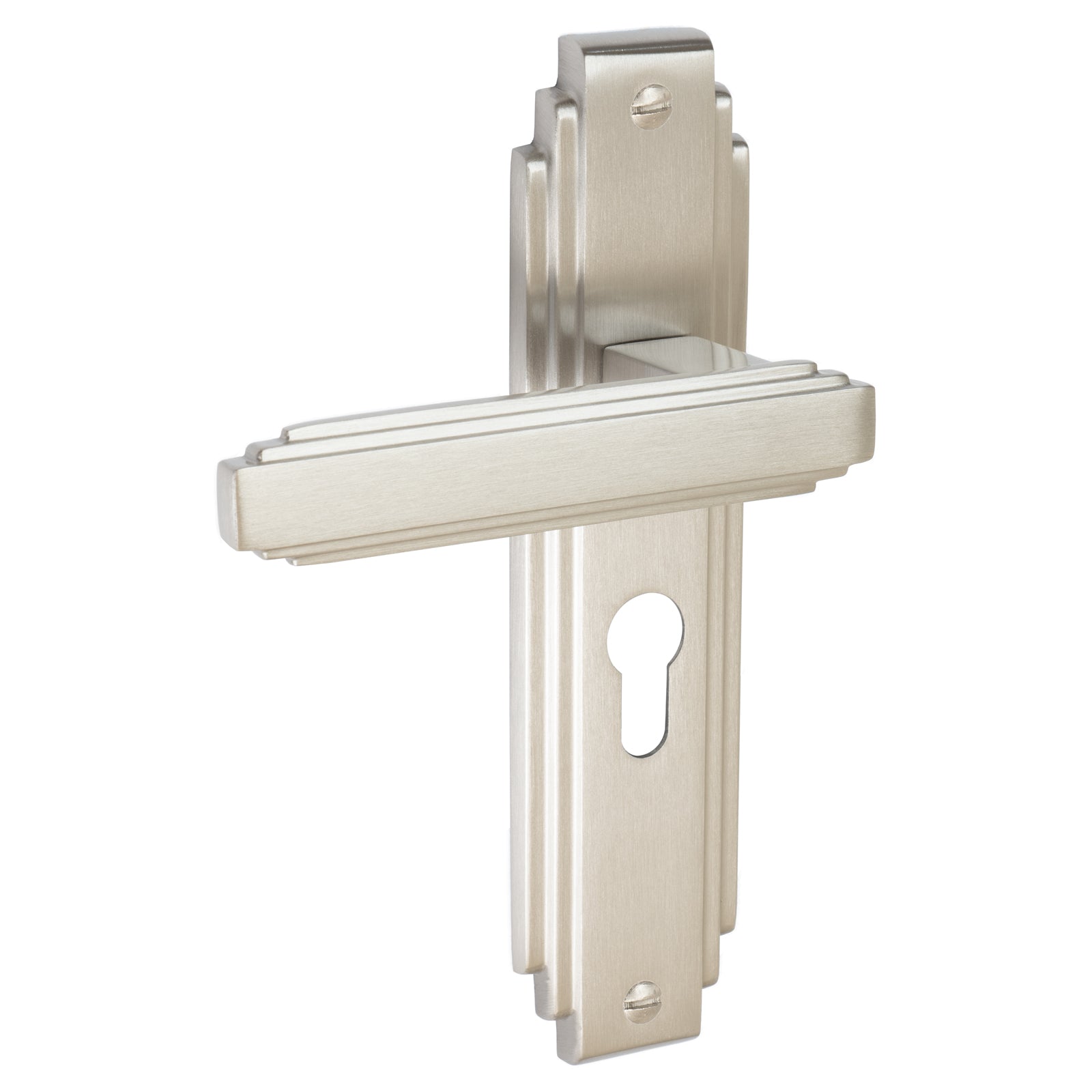 Astoria Door Handles On Plate Euro Lock Handle in Satin Nickel 