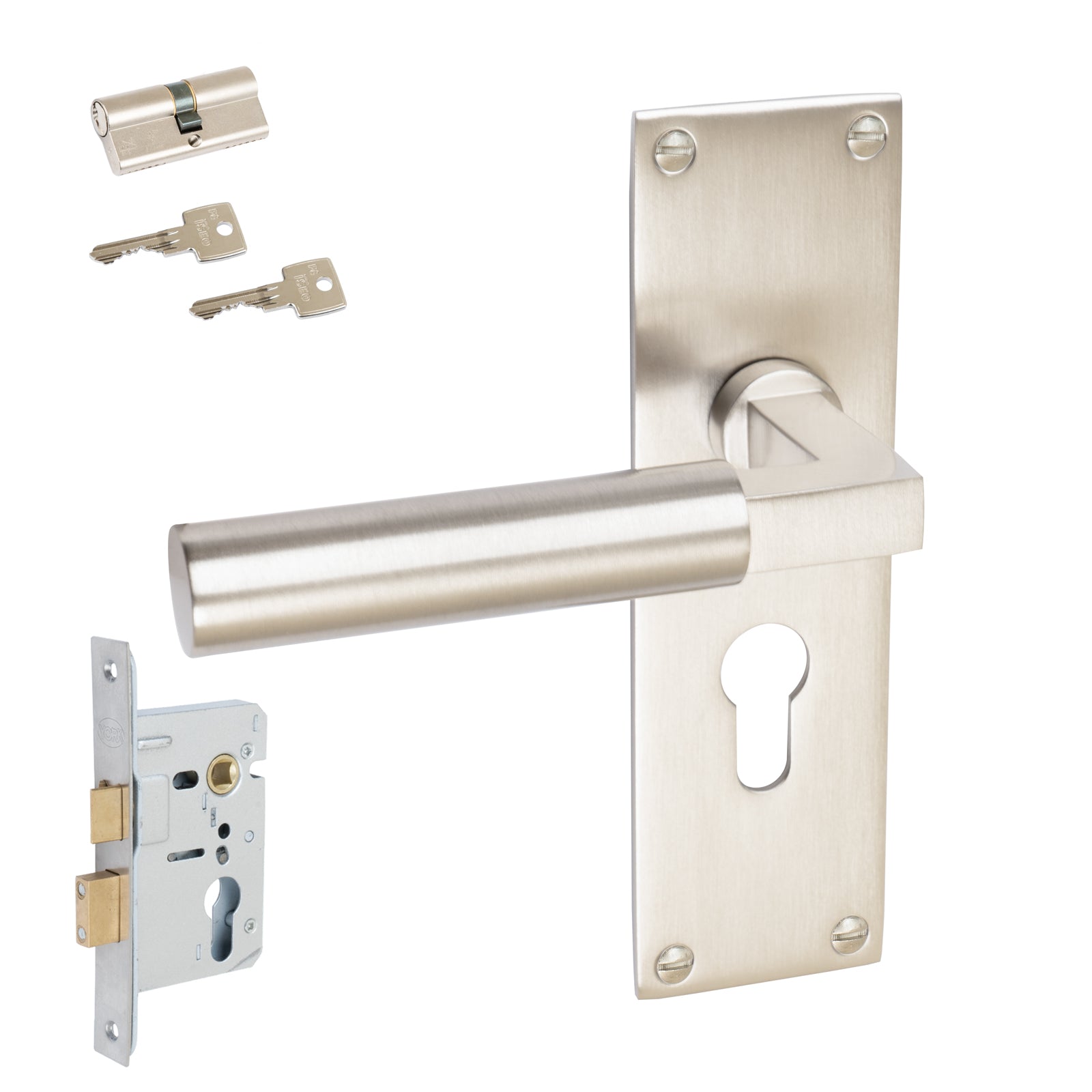 Bauhaus Door Handles On Plate Euro Lock Handle Set in Satin Nickel