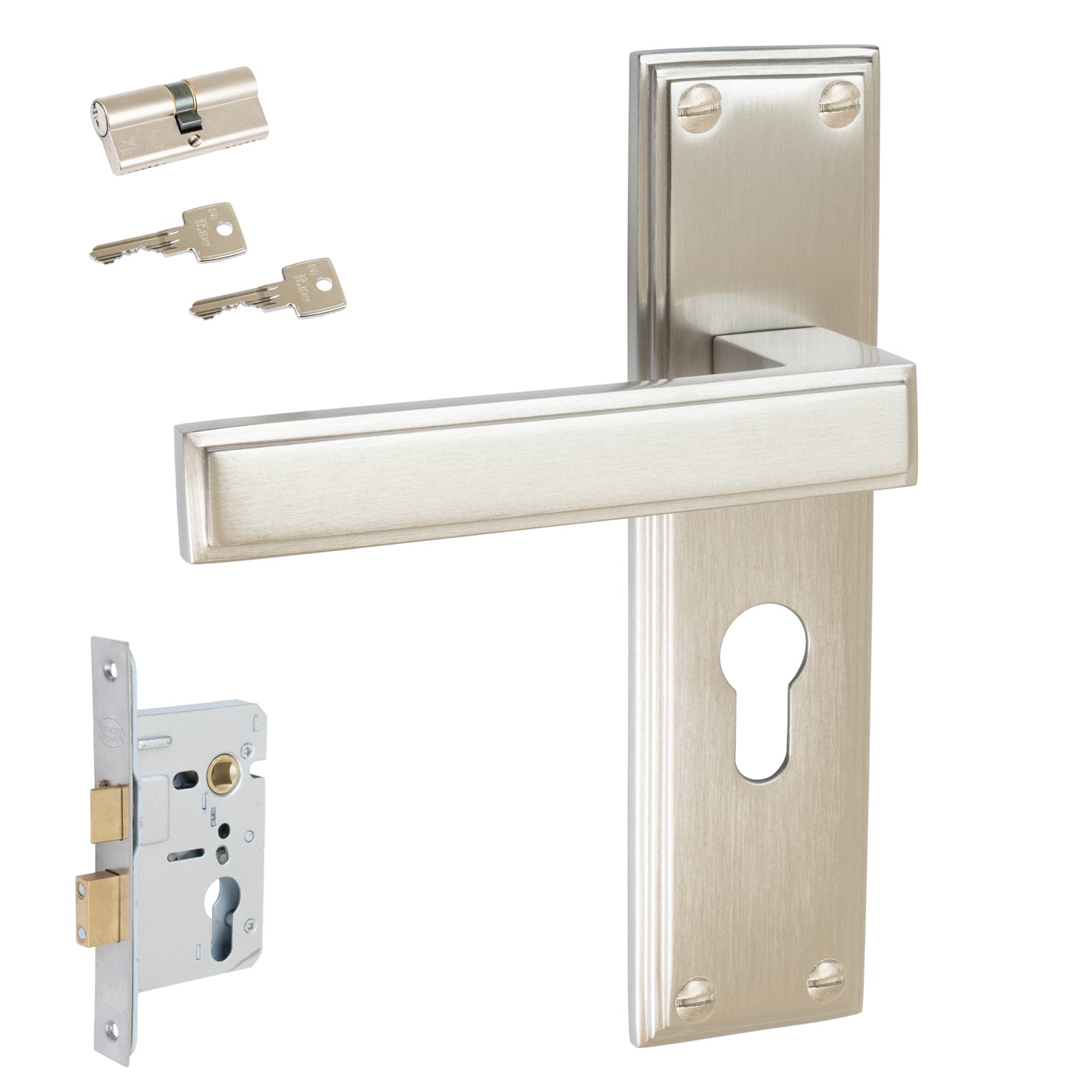 Atlantis Door Handles On Plate Euro Lock Handle Set in Satin Nickel