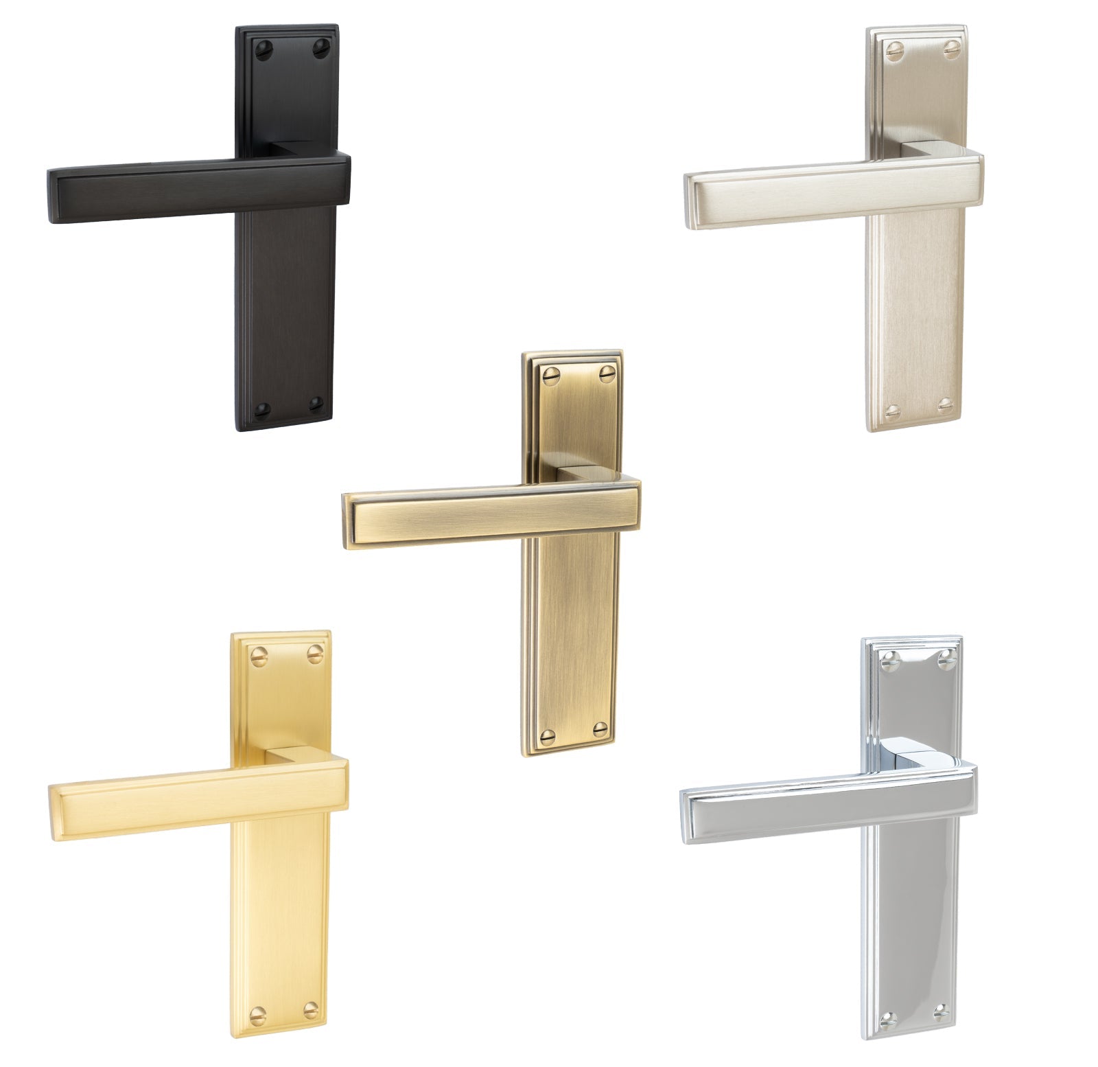 Atlantis Door Handles On Plate Latch Handle in Matt Bronze, Satin Nickel, Polished Chrome, Satin Brass and Aged Brass.