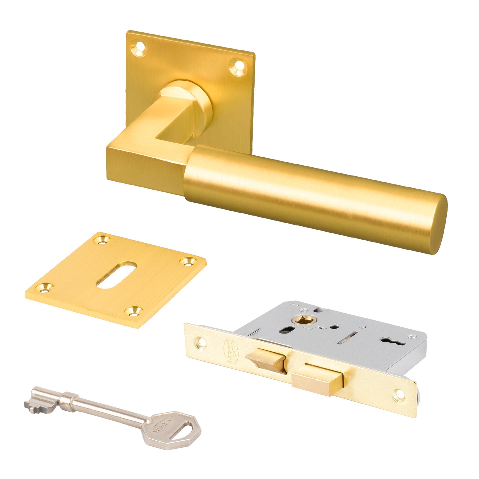 satin brass square rose door handle with low profile plate, internal door lock set