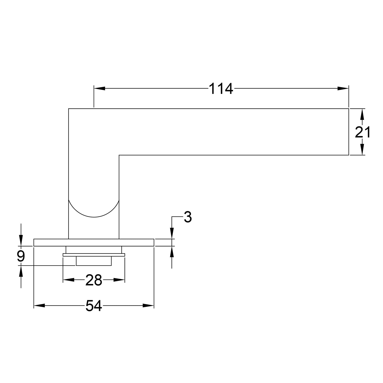 Trident Square Rose Door Handles - Low Profile Dimension Drawing SHOW