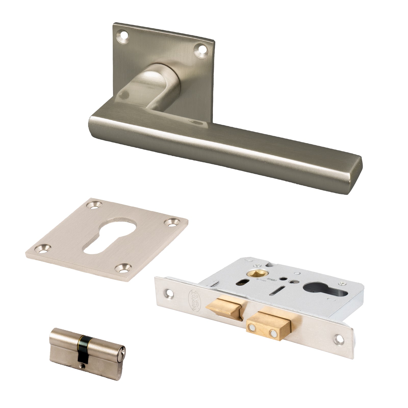 SHOW Trident Square Rose Door Handles Euro Set with Satin Nickel finish