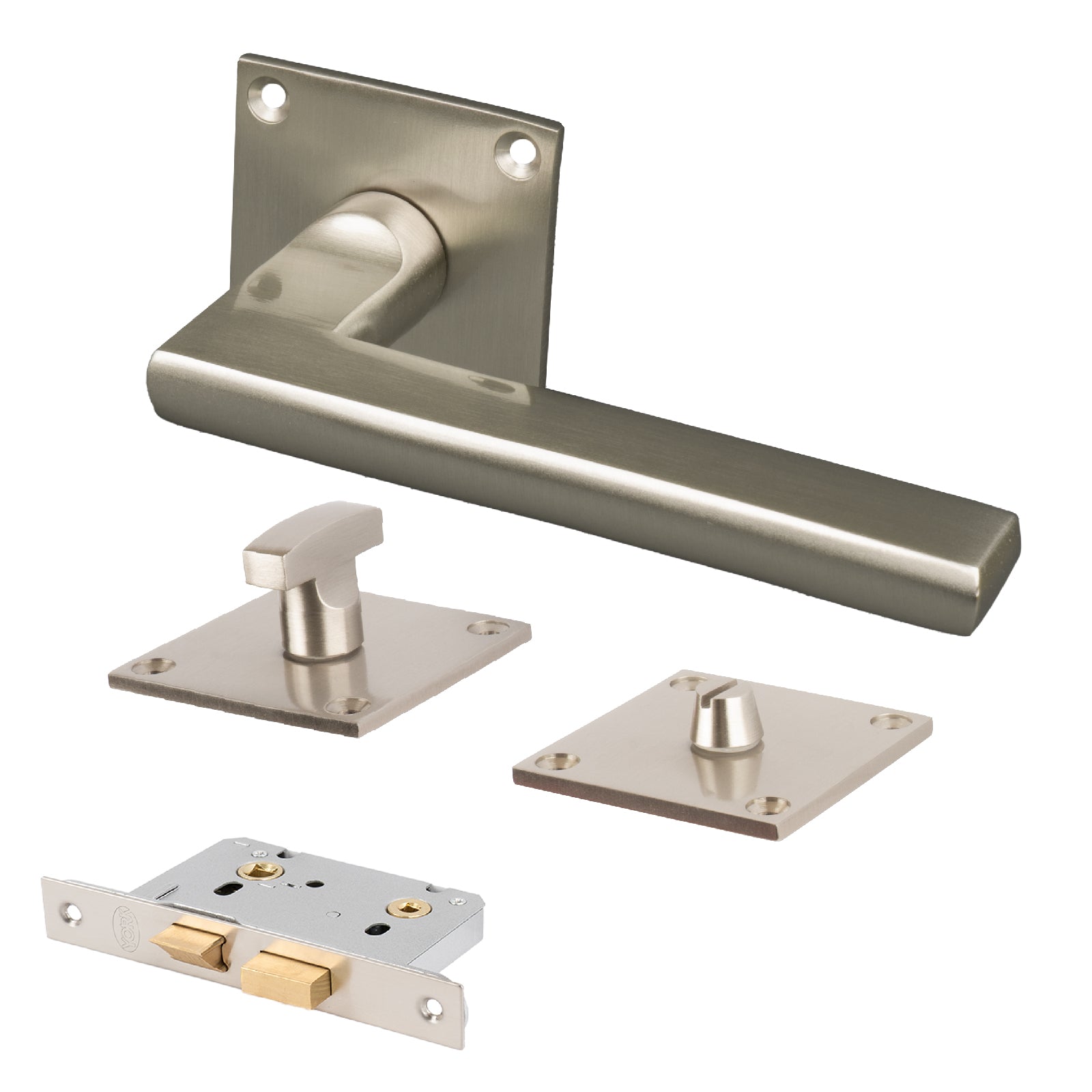 SHOW Trident Square Rose Door Handles Bathroom Set with Satin Nickel finish