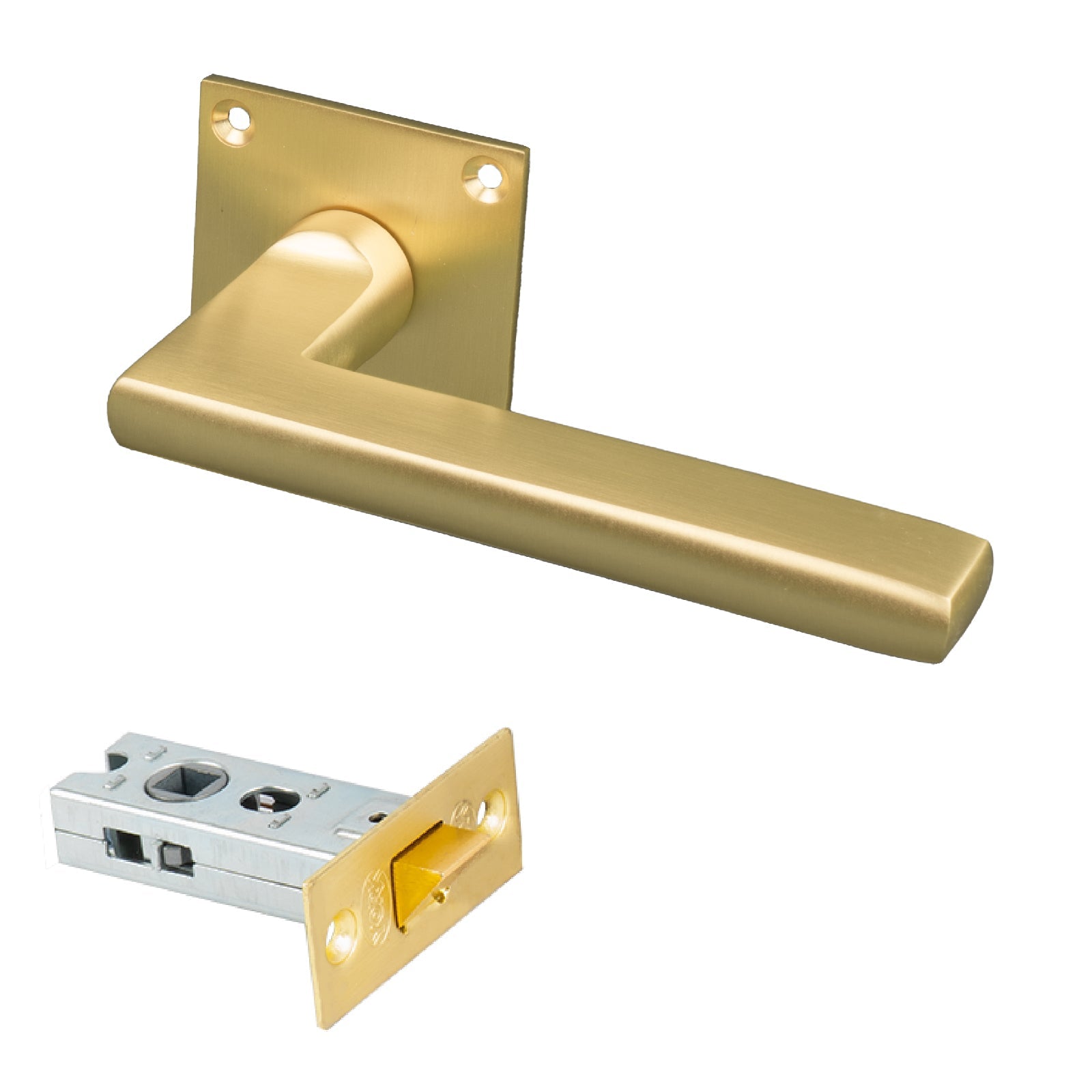 SHOW Trident Square Rose Door Handles Tubular Latch Set with Satin Brass finish