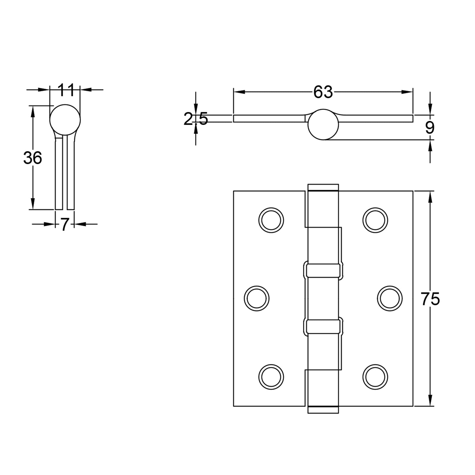 Ball bearing 3 inch butt hinges dimension drawing SHOW