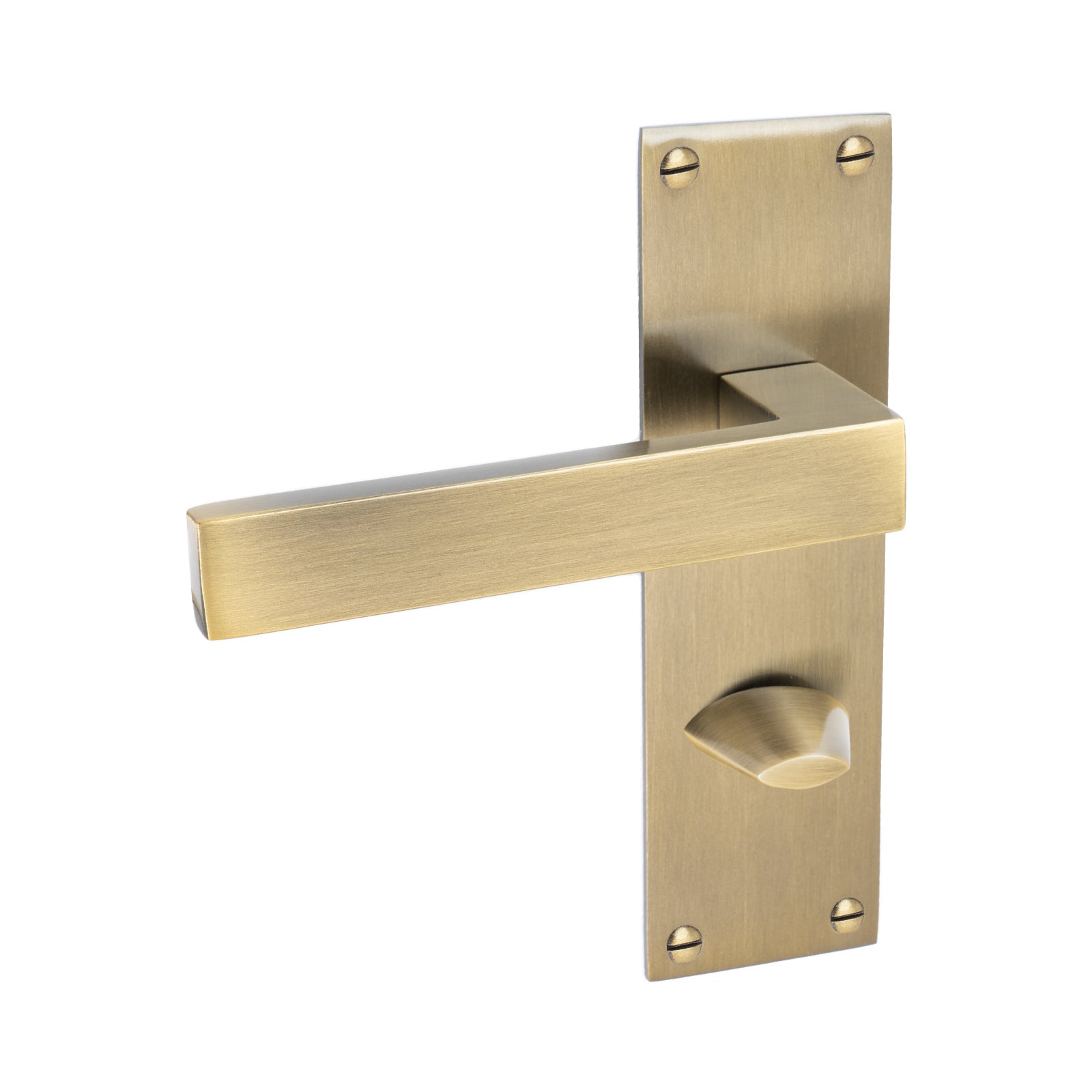 Metro Door Handles On Plate Bathroom Handle in Aged Brass