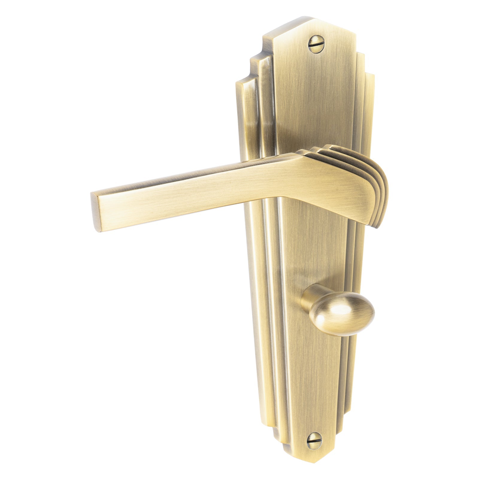 Waldorf Door Handles On Plate Bathroom Handle in Aged Brass