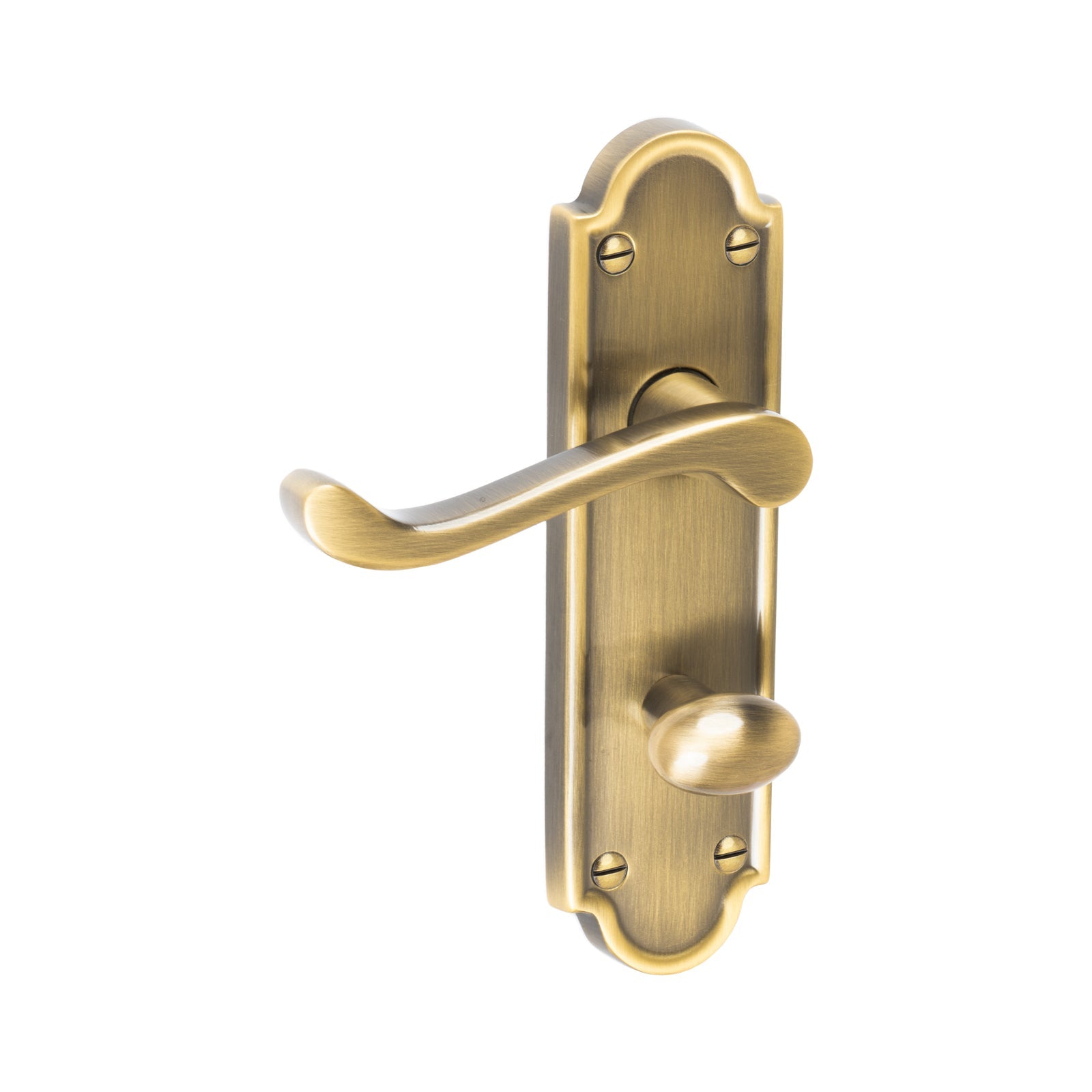 Meridian Door Handles On Plate Bathroom Handle in Aged Brass