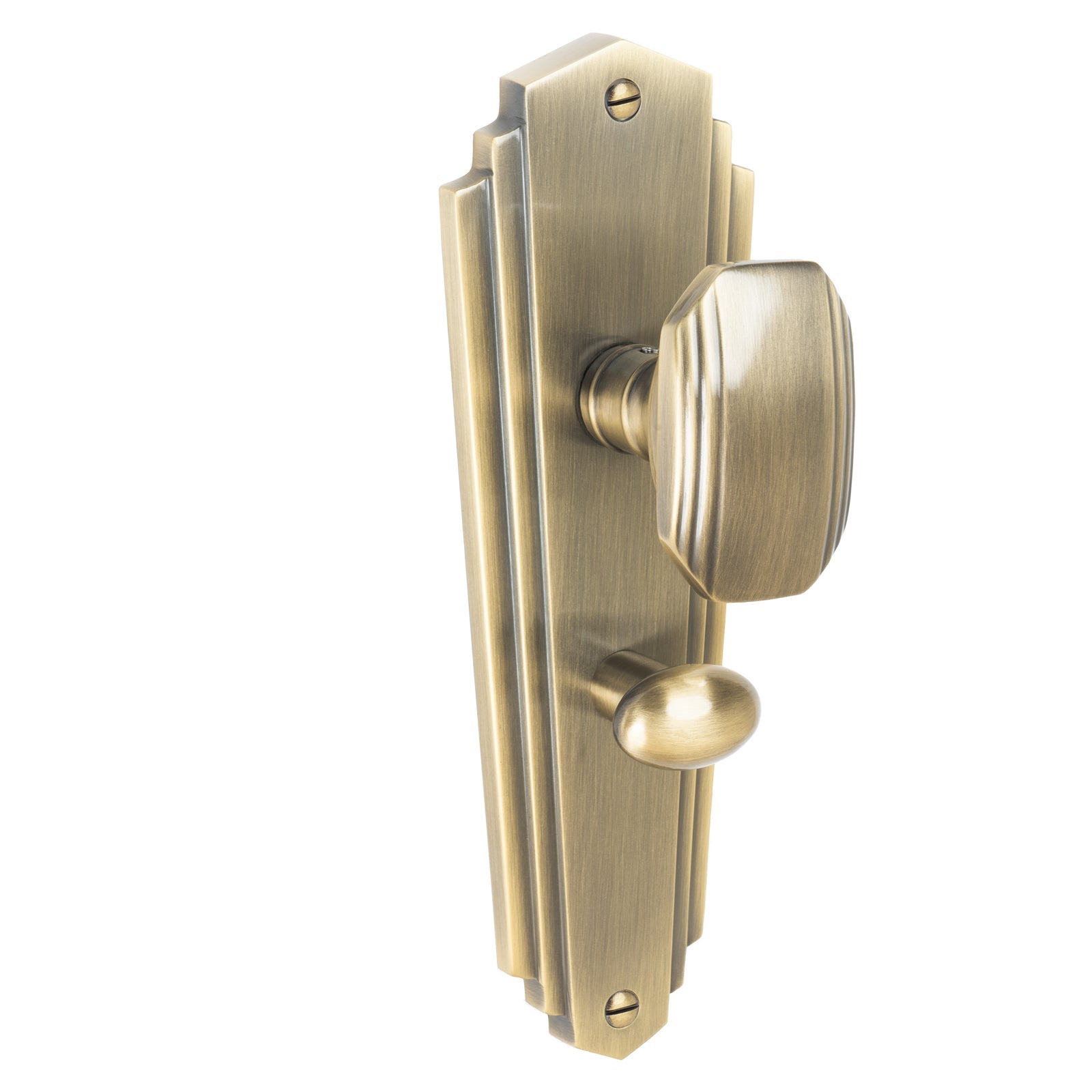 Charlston Door Handles On Plate Bathroom Handle in Aged Brass