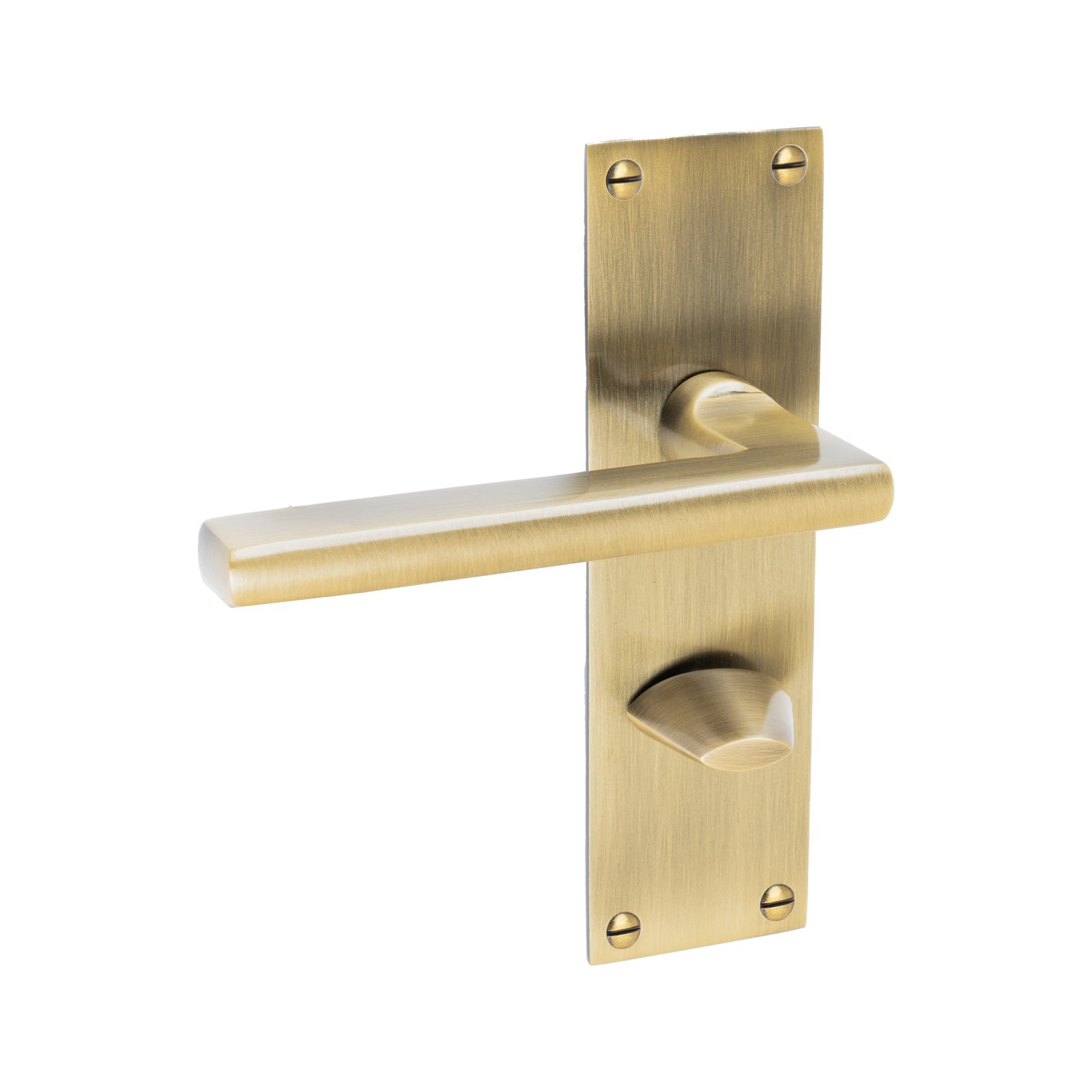 Trident Door Handles On Plate Bathroom Handle in Aged Brass