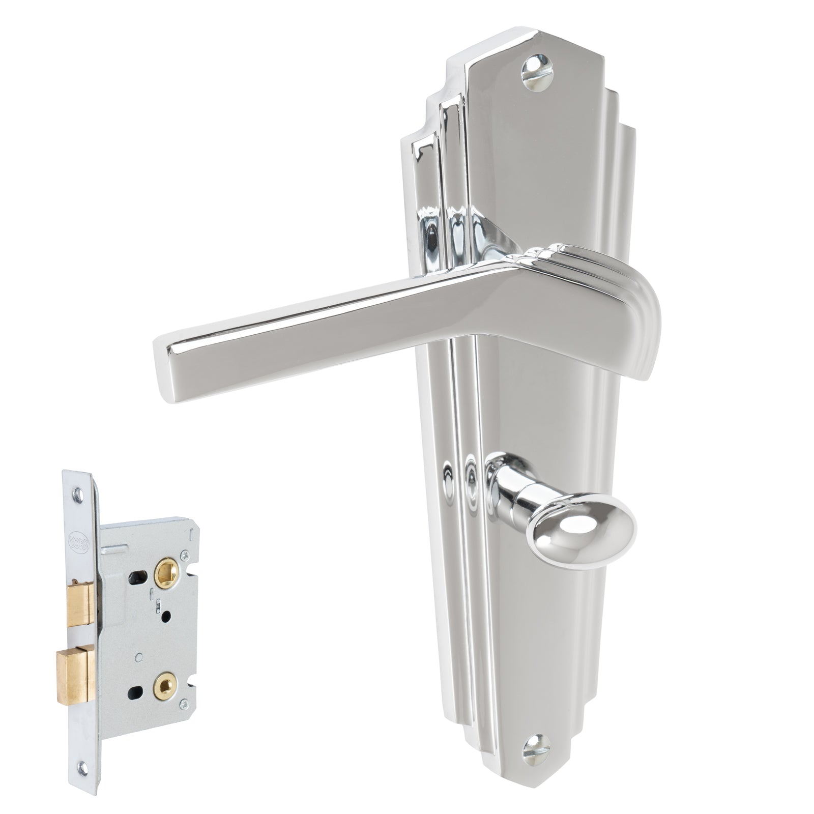 Waldorf Door Handles On Plate Bathroom Handle Set in Polished Chrome