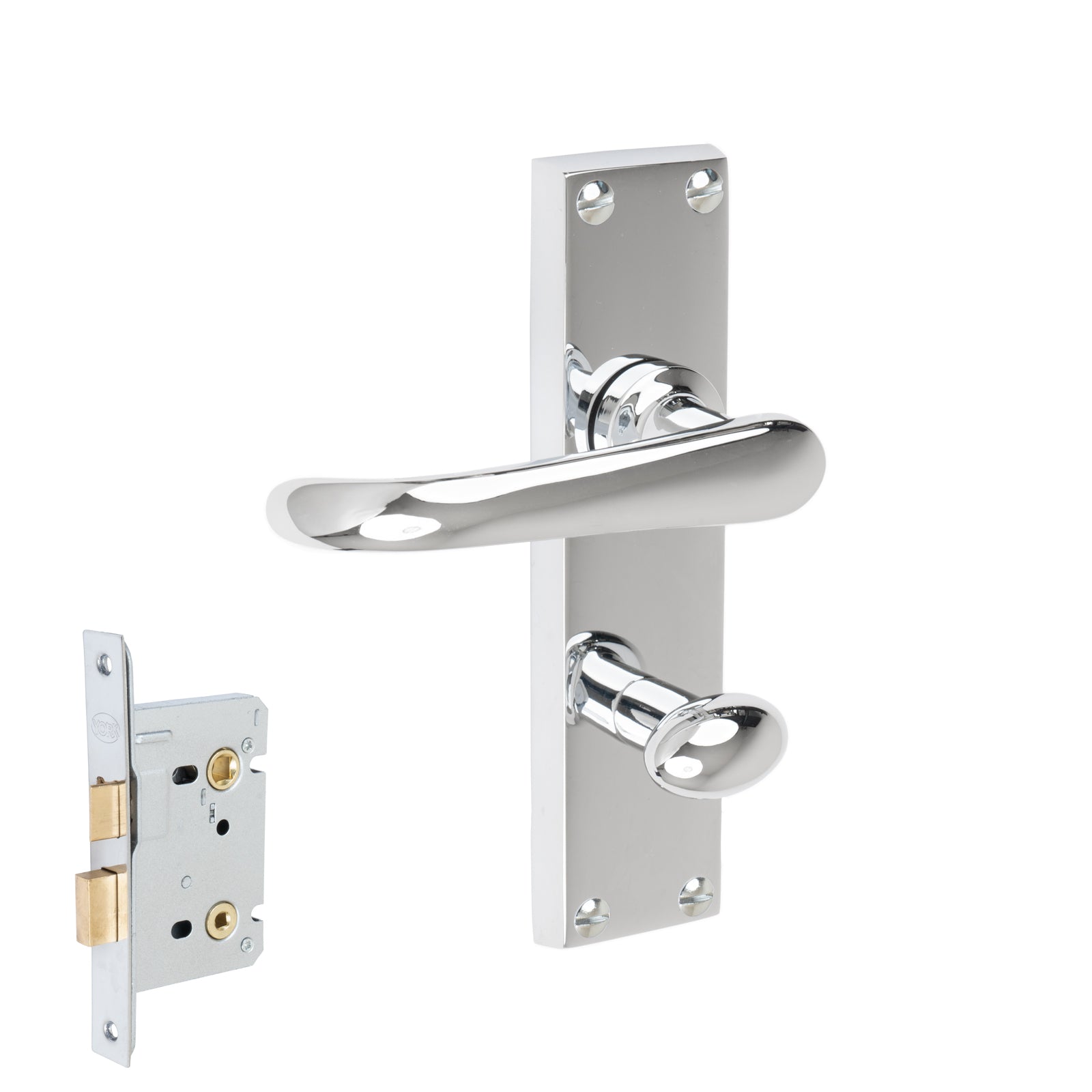 Windsor Door Handles On Plate Bathroom Handle Set in Polished Chrome