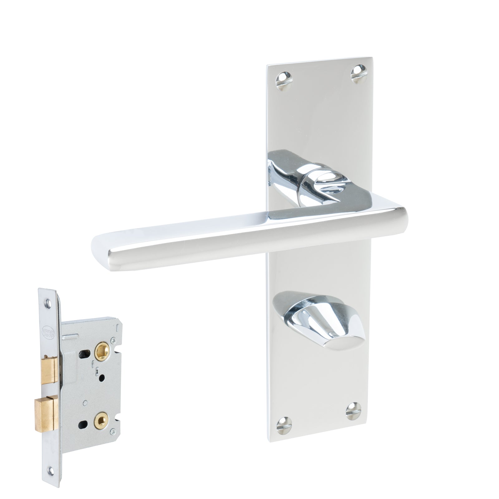 Trident Door Handles On Plate Bathroom Handle Set in Polished Chrome