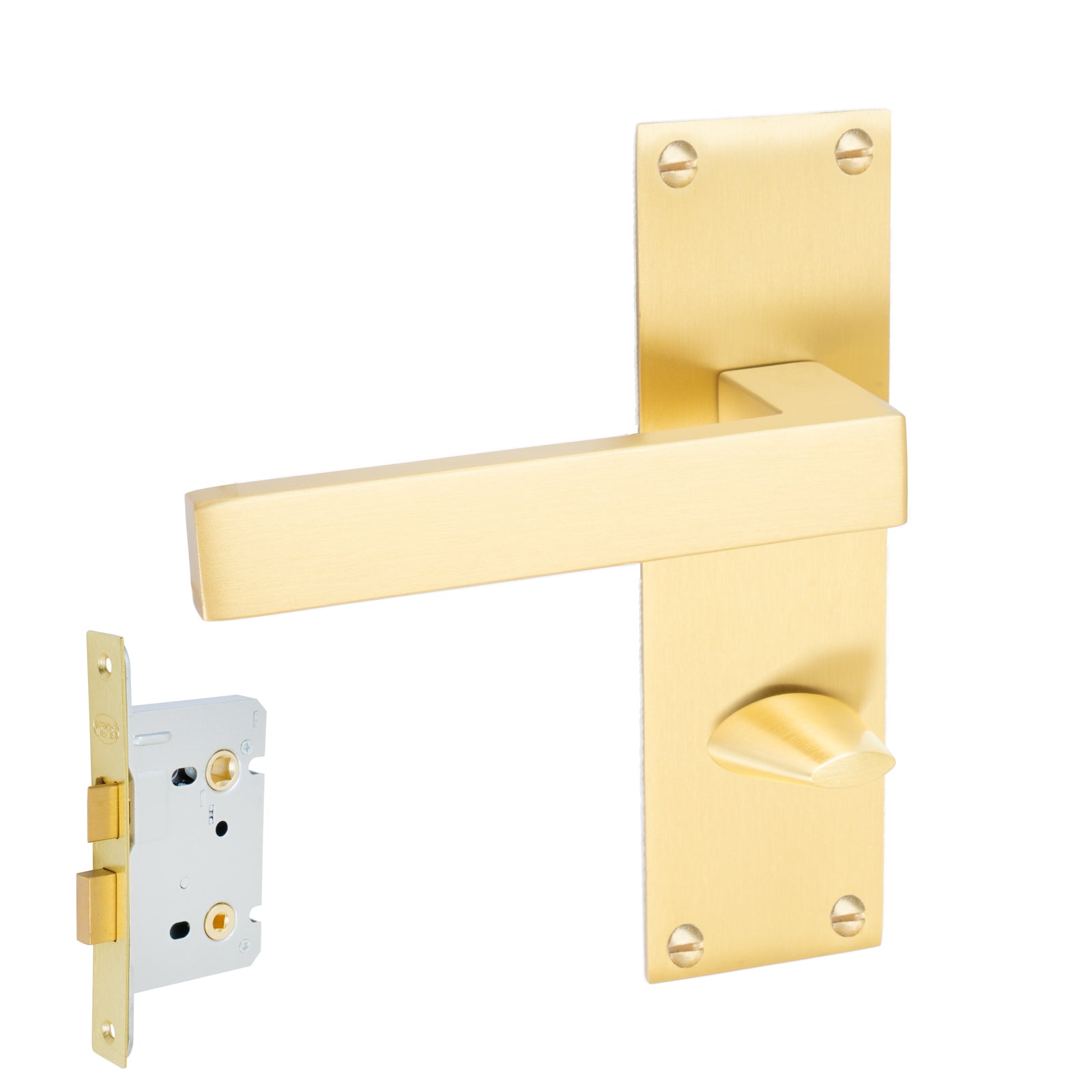 Metro Door Handles On Plate Bathroom Handle Set in Satin Brass