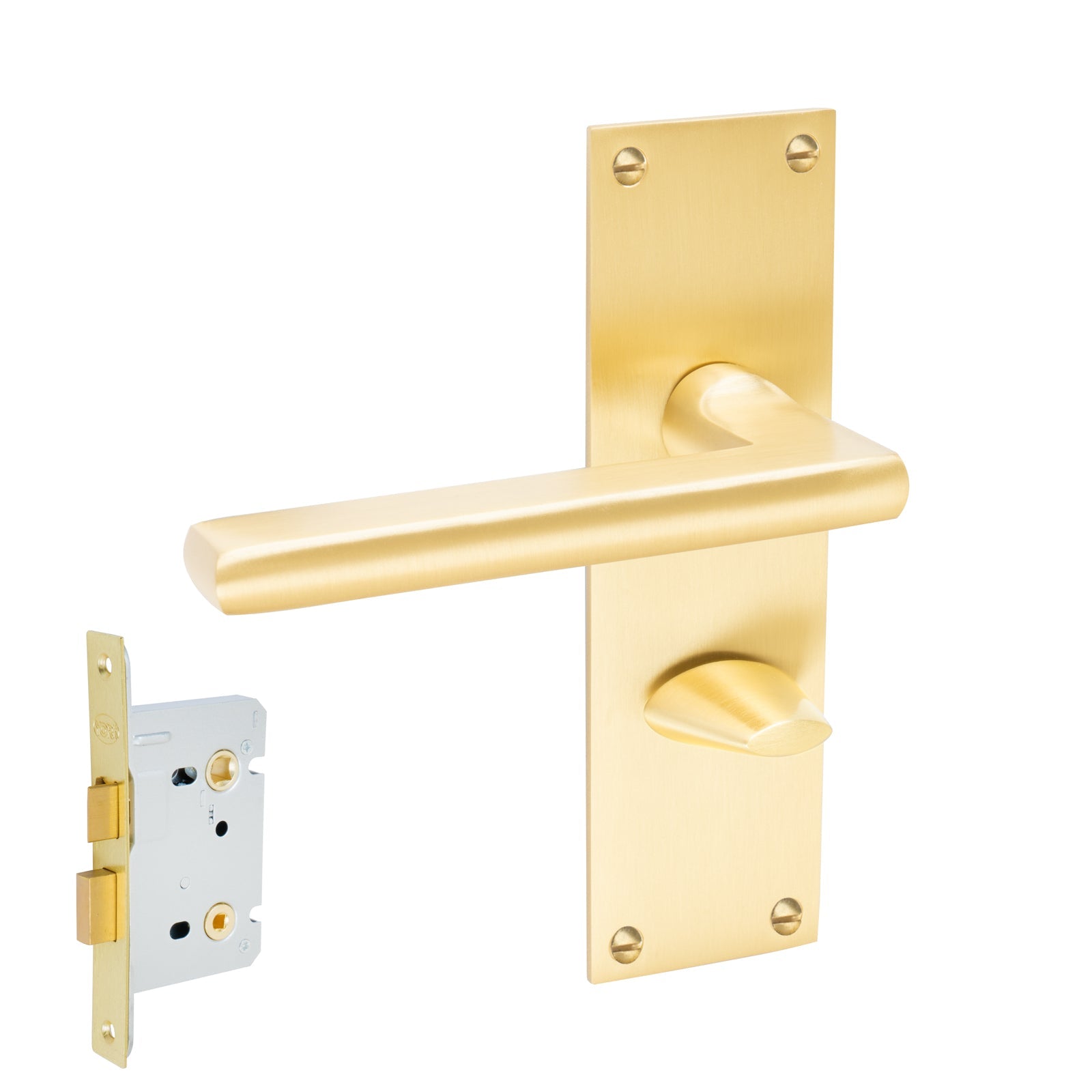 Trident Door Handles On Plate Bathroom Handle Set in Satin Brass