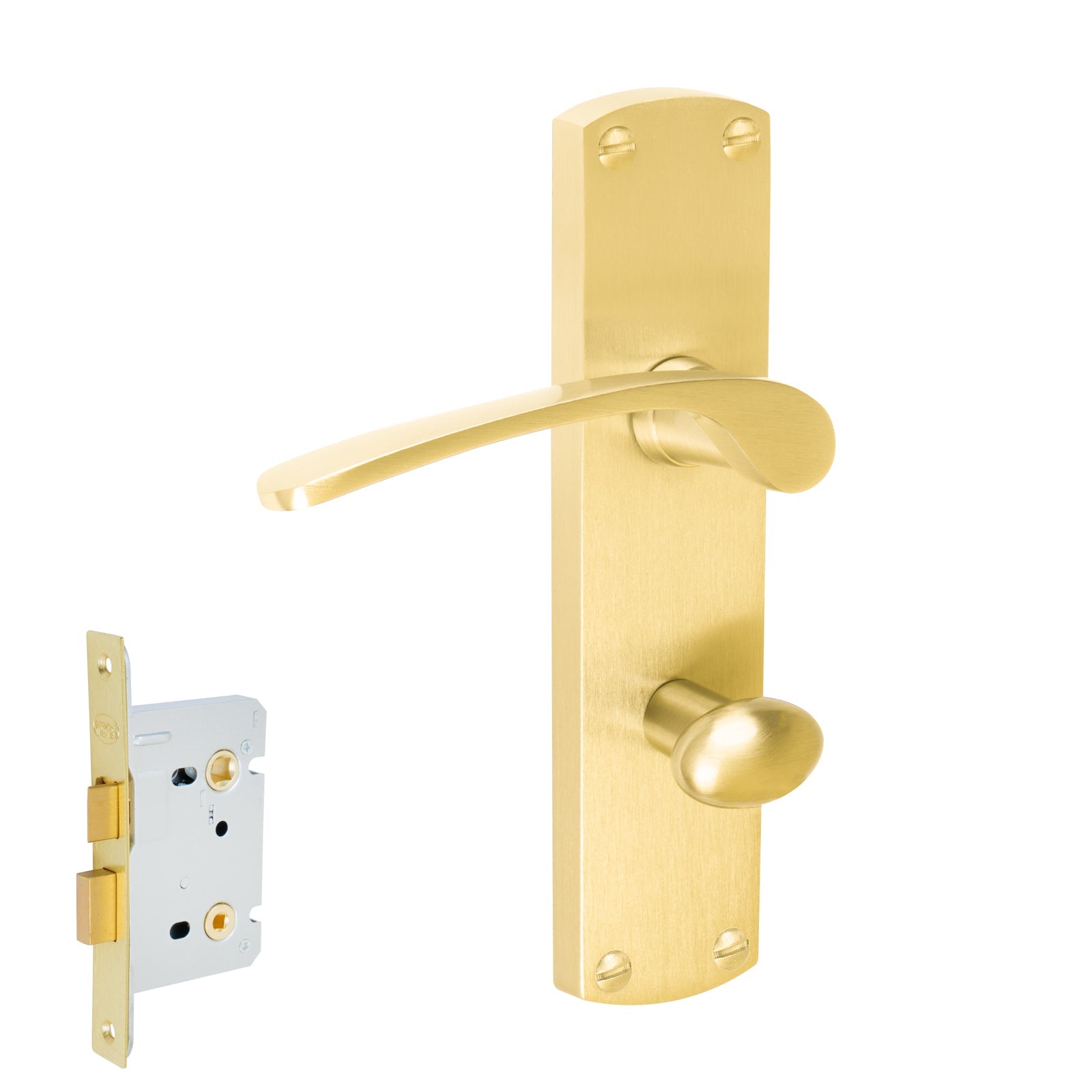 Diplomat Door Handles On Plate Bathroom Handle Set in Satin Brass