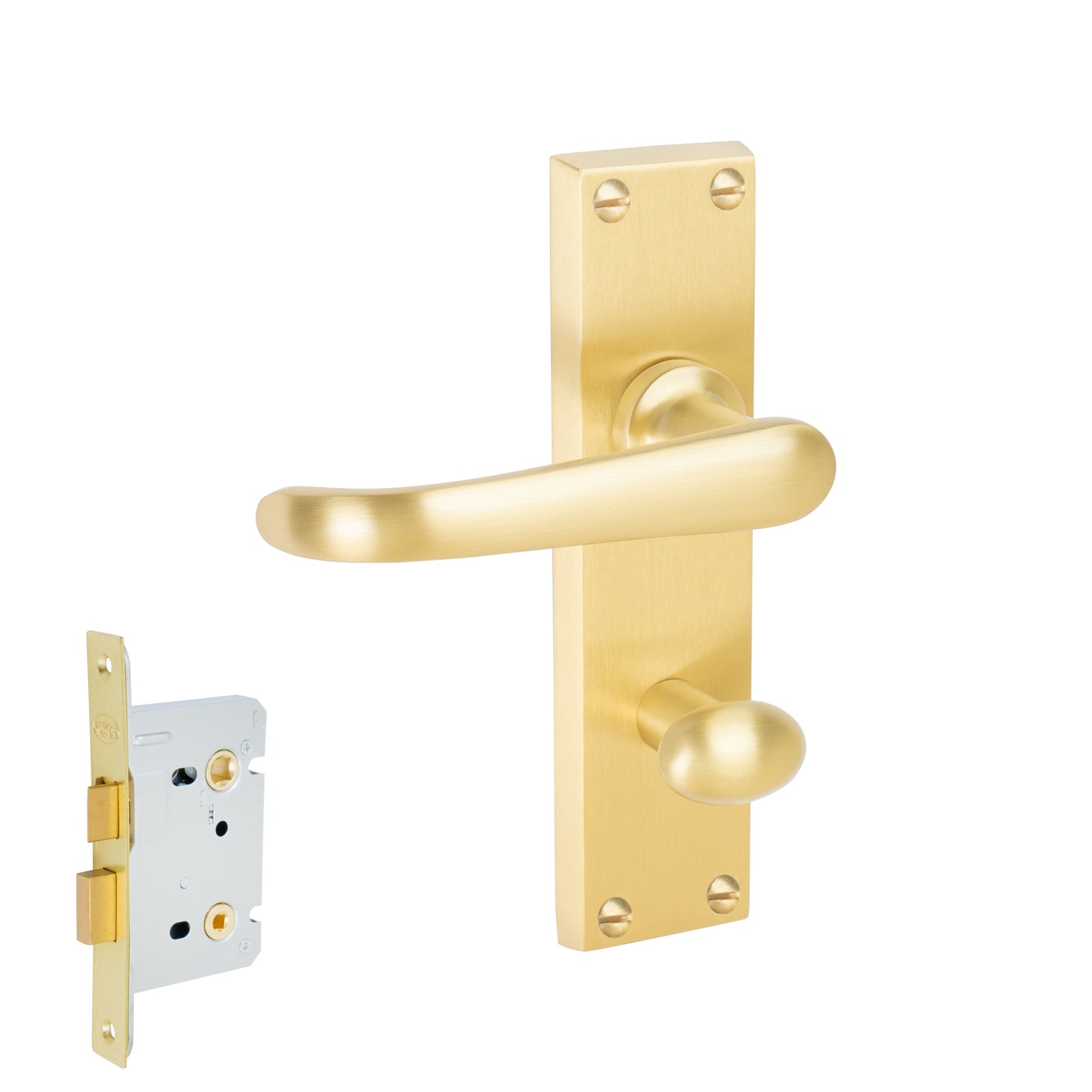 Windsor Door Handles On Plate Bathroom Handle Set in Satin Brass