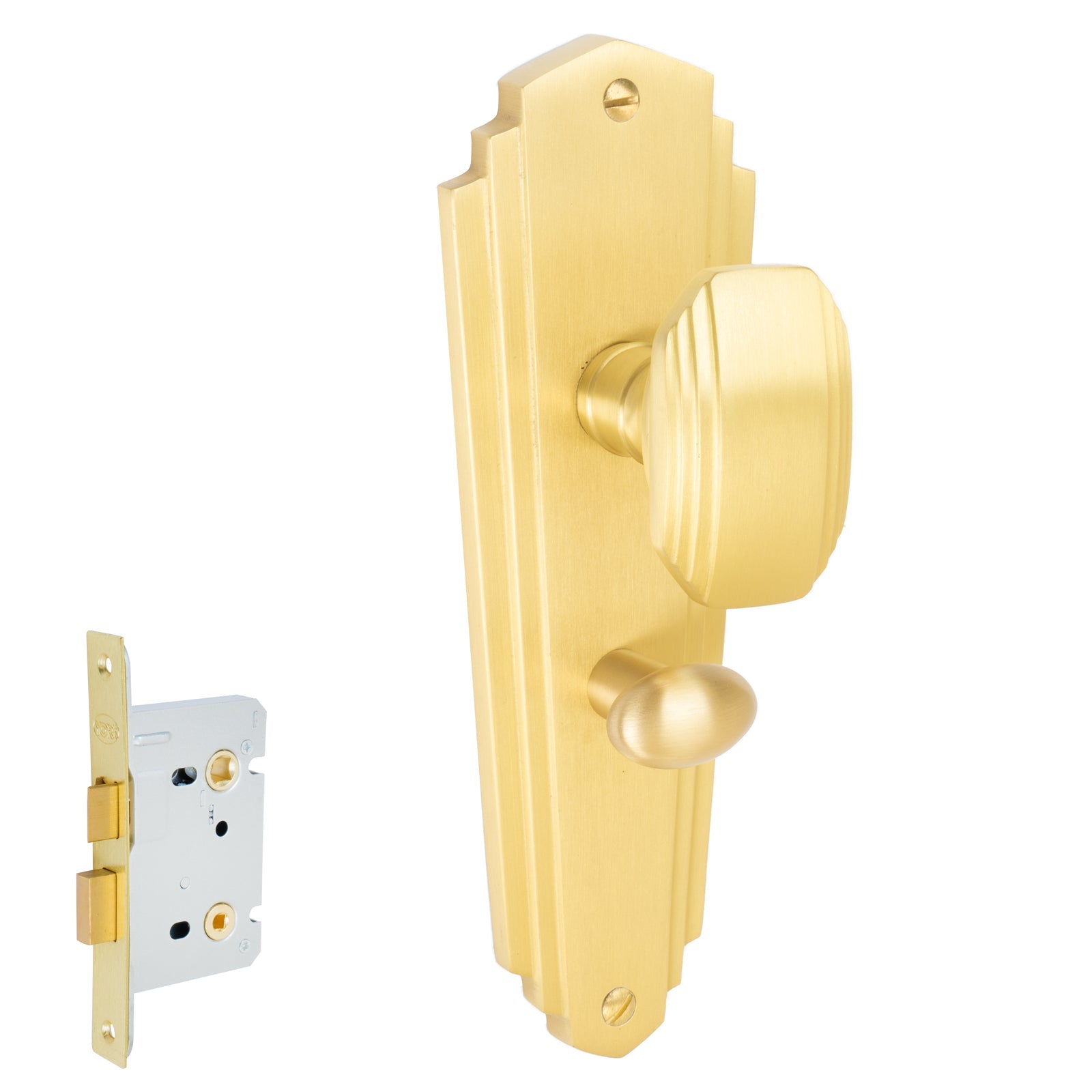 Charlston Door Handles On Plate Bathroom Handle Set in Satin Brass