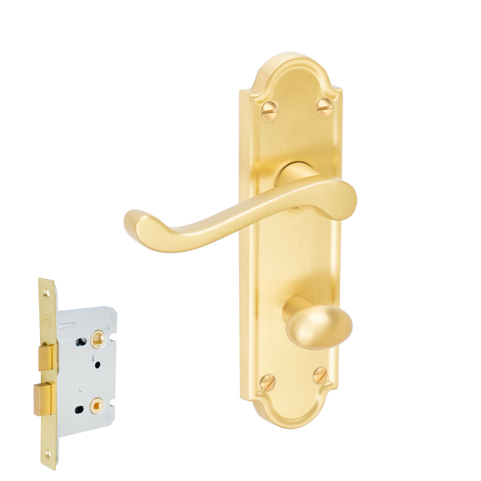 Meridian Door Handles On Plate Bathroom Handle Set in Satin Brass