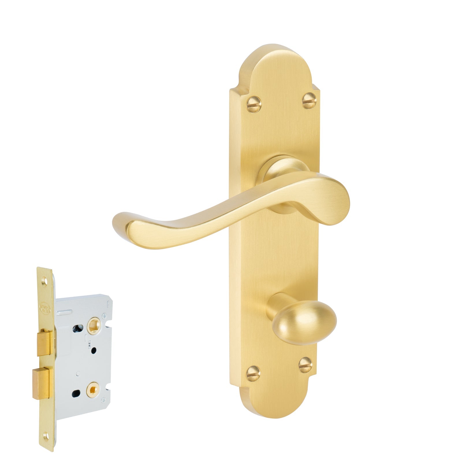 Savoy Door Handles On Plate Bathroom Handle Set in Satin Brass