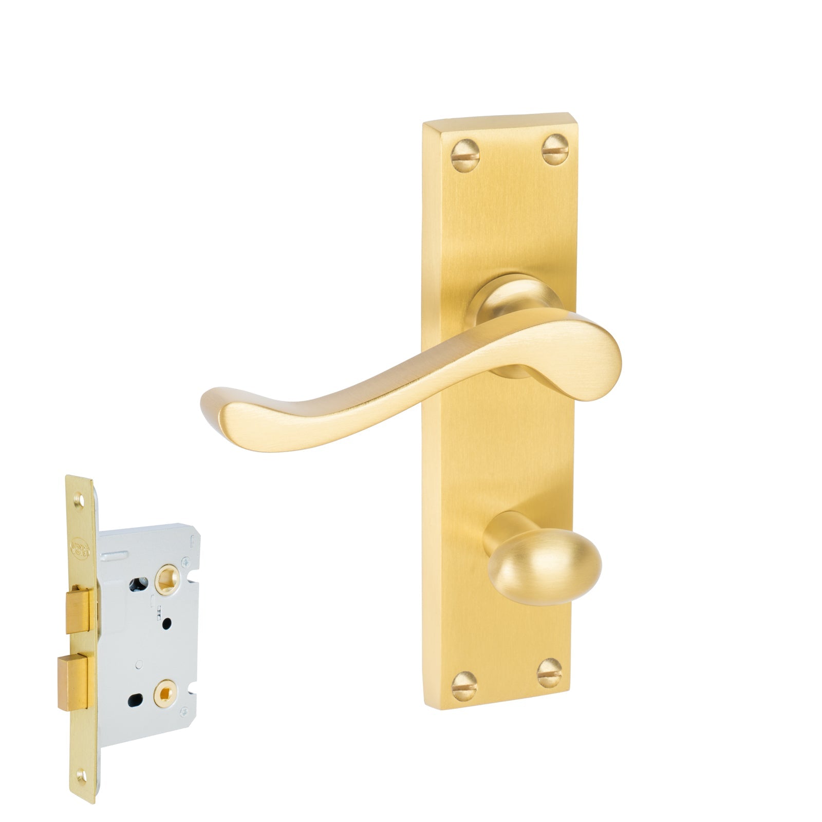 Bedford Door Handles On Plate Bathroom Handle Set in Satin Brass