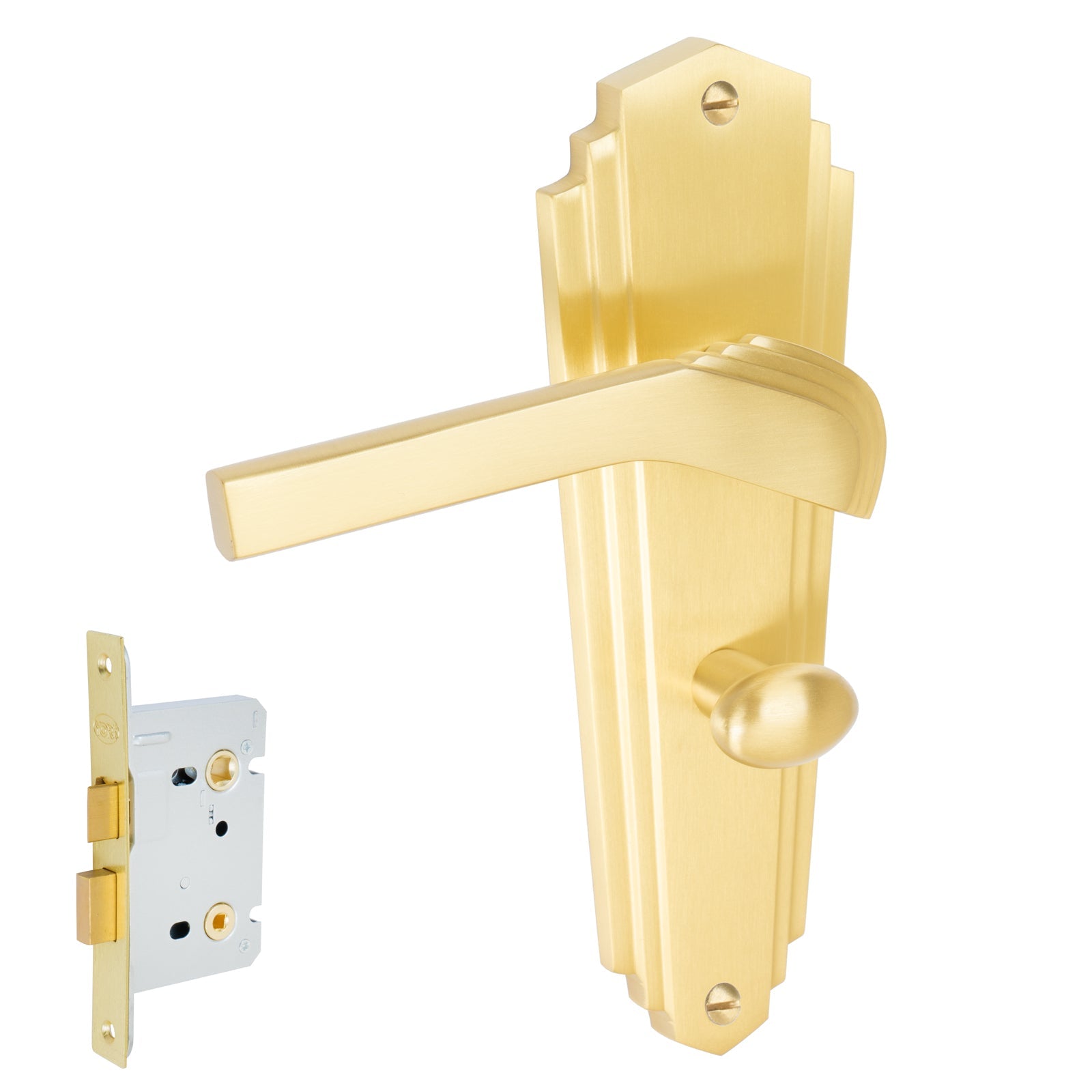 Waldorf Door Handles On Plate Bathroom Handle Set in Satin Brass