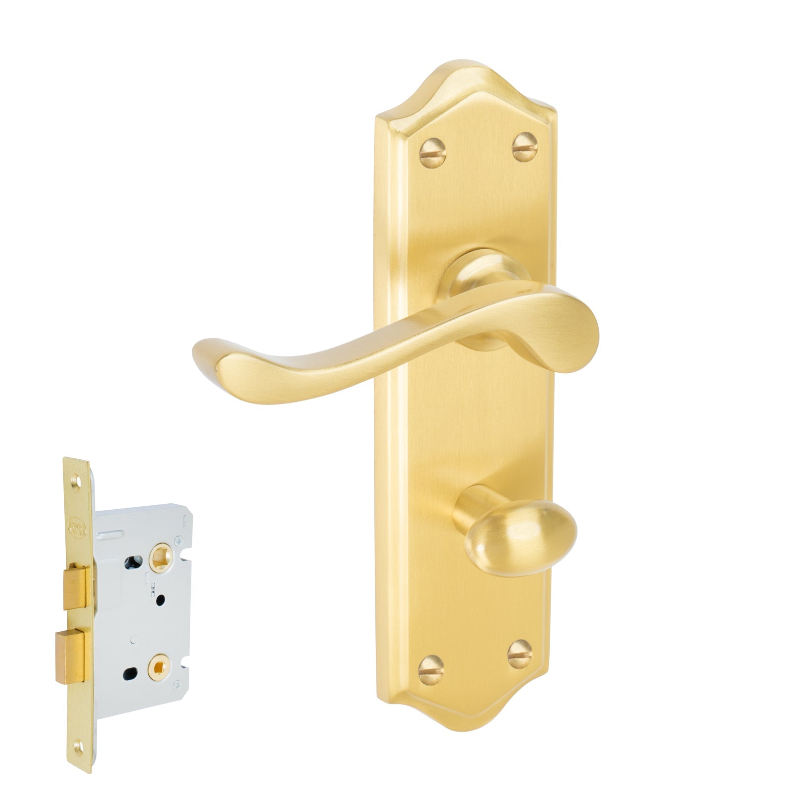 Buckingham Door Handles On Plate Bathroom Handle Set in Satin Brass