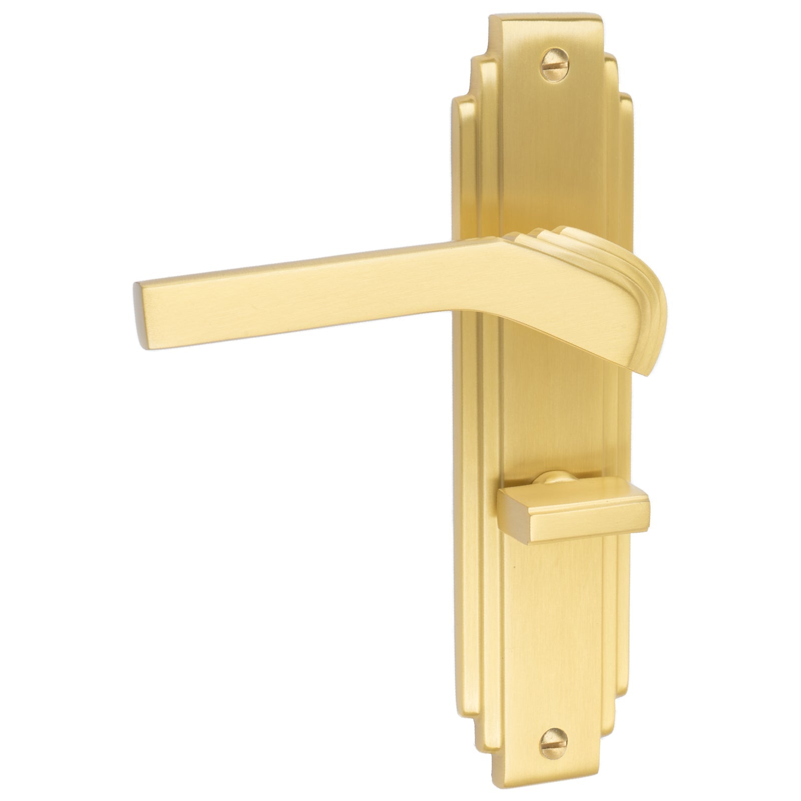 Tiffany Door Handles On Plate Bathroom Handle in Satin Brass