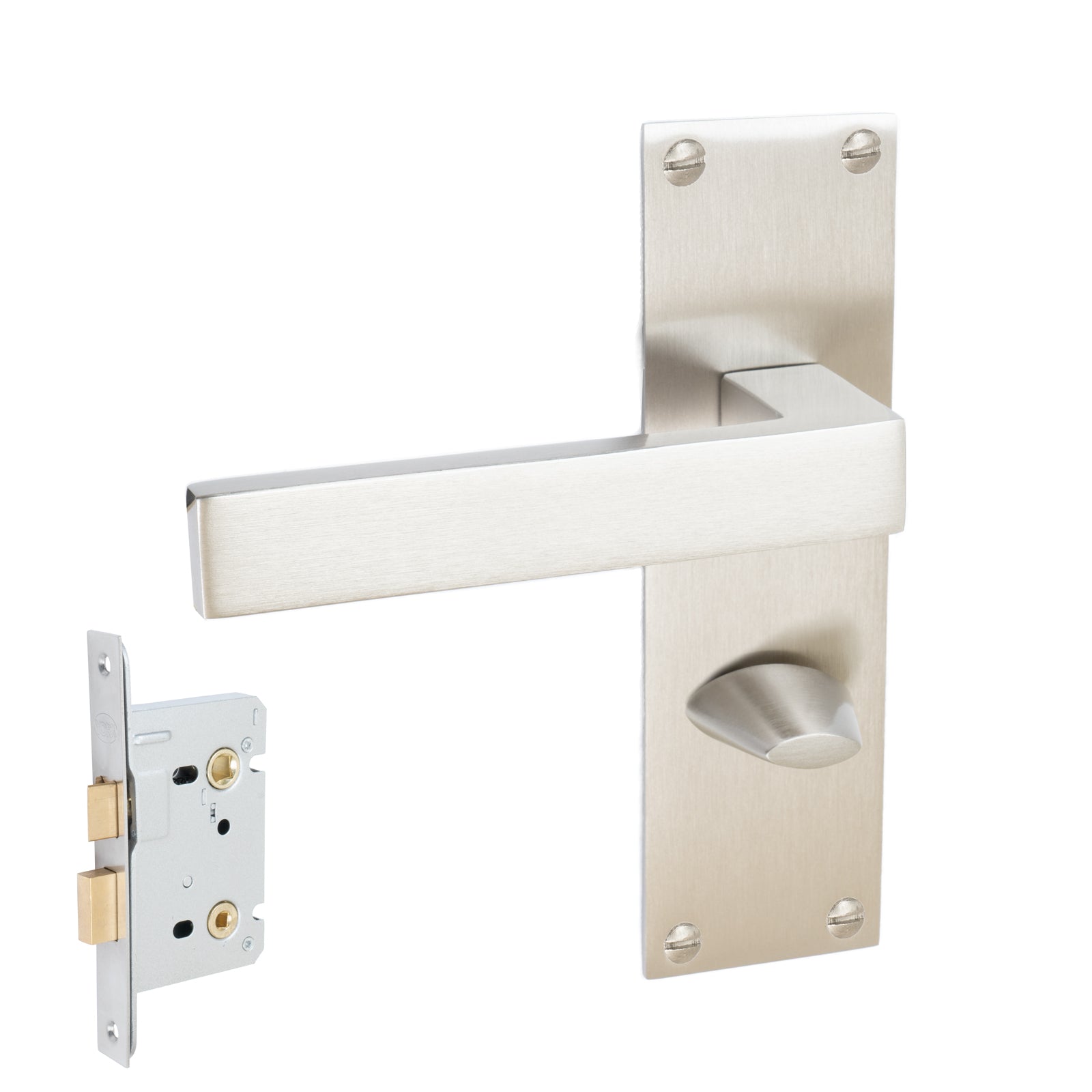 Metro Door Handles On Plate Bathroom Handle Set in Satin Nickel