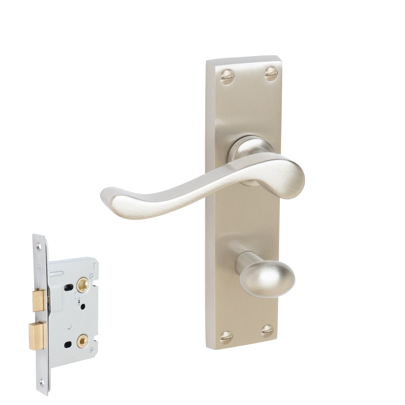 Bedford Door Handles On Plate Bathroom Handle Set in Satin Nickel