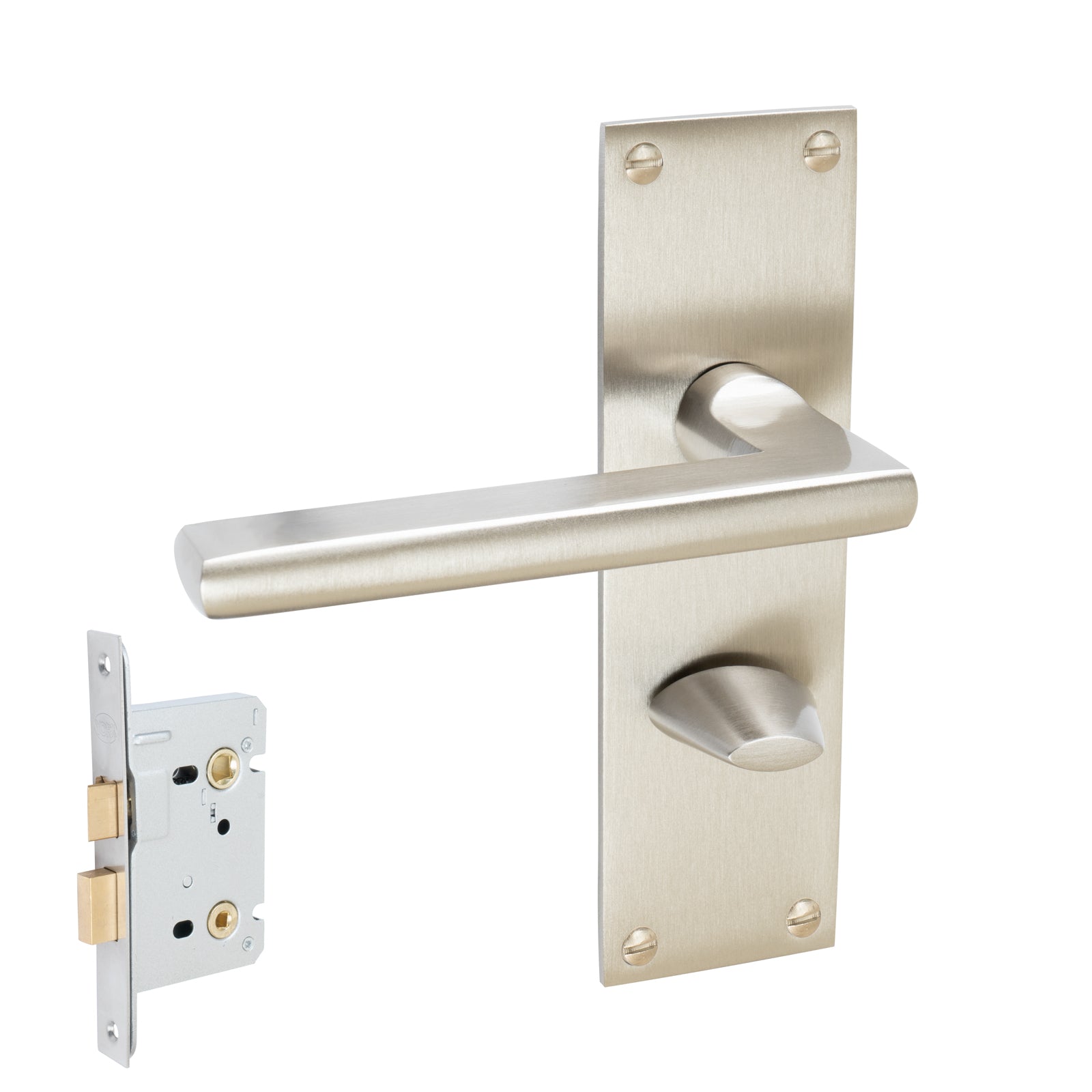 Trident Door Handles On Plate Bathroom Handle Set in Satin Nickel