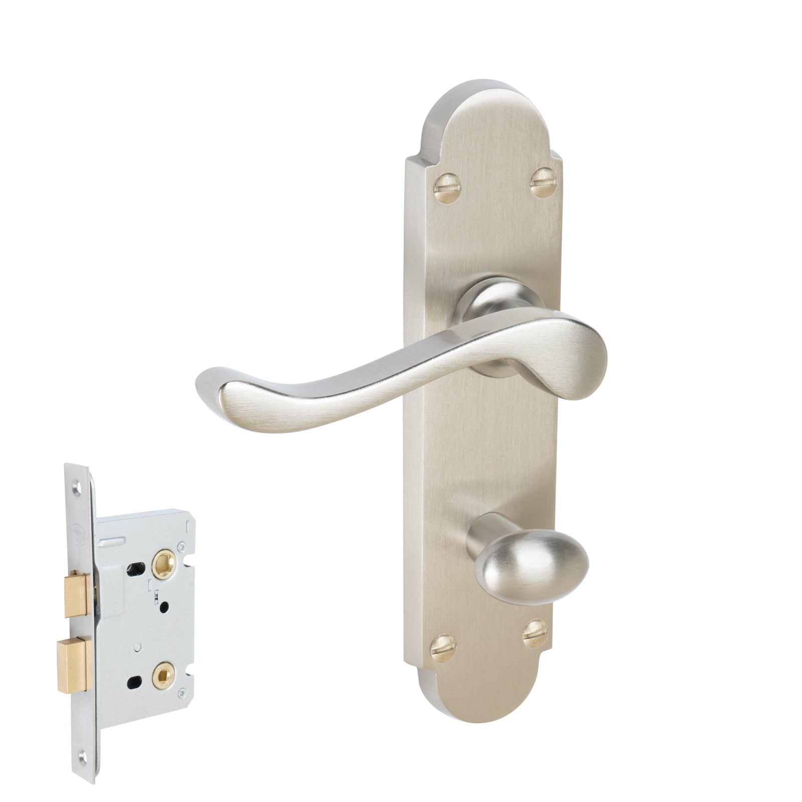 Savoy Door Handles On Plate Bathroom Handle Set in Satin Nickel