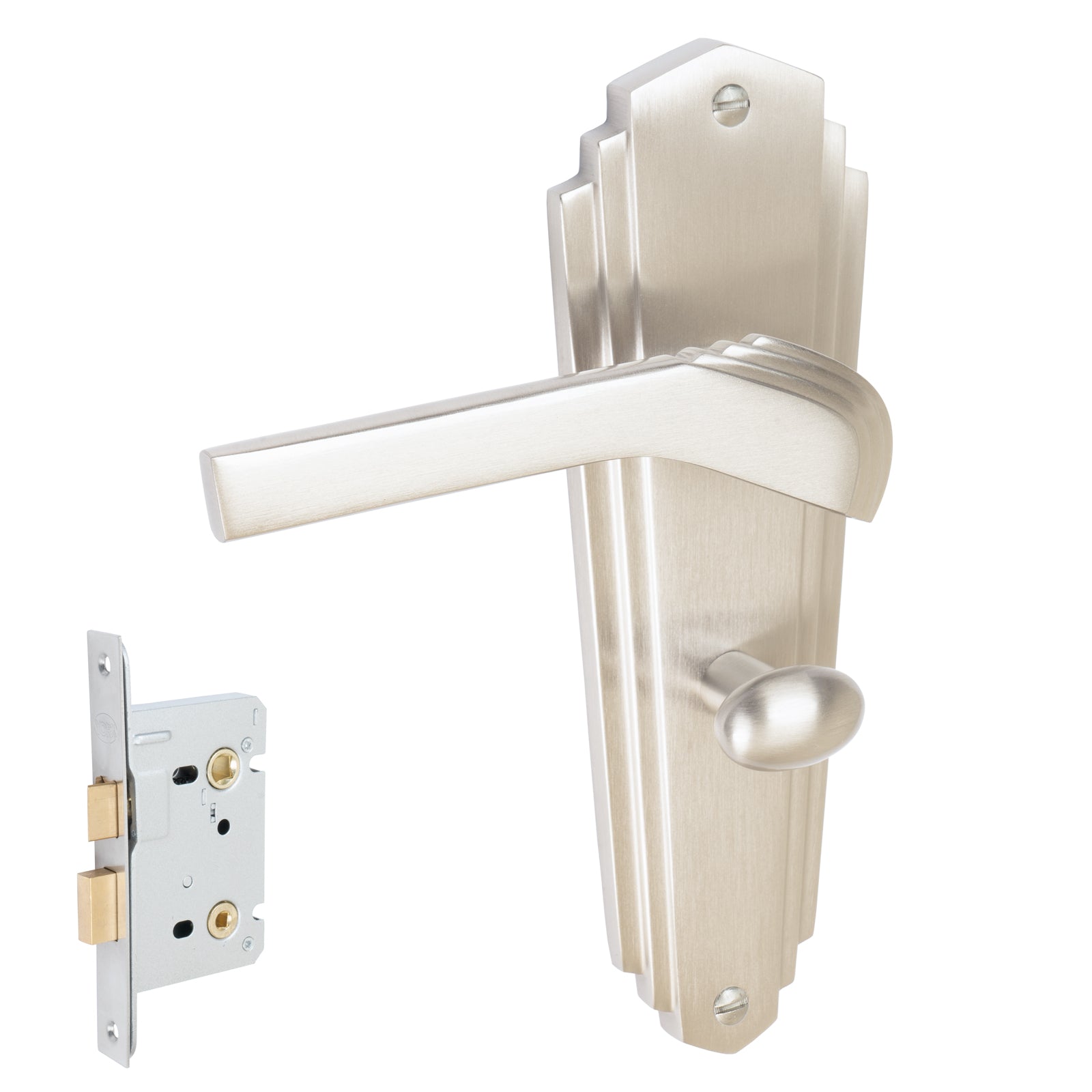 Waldorf Door Handles On Plate Bathroom Handle Set in Satin Nickel