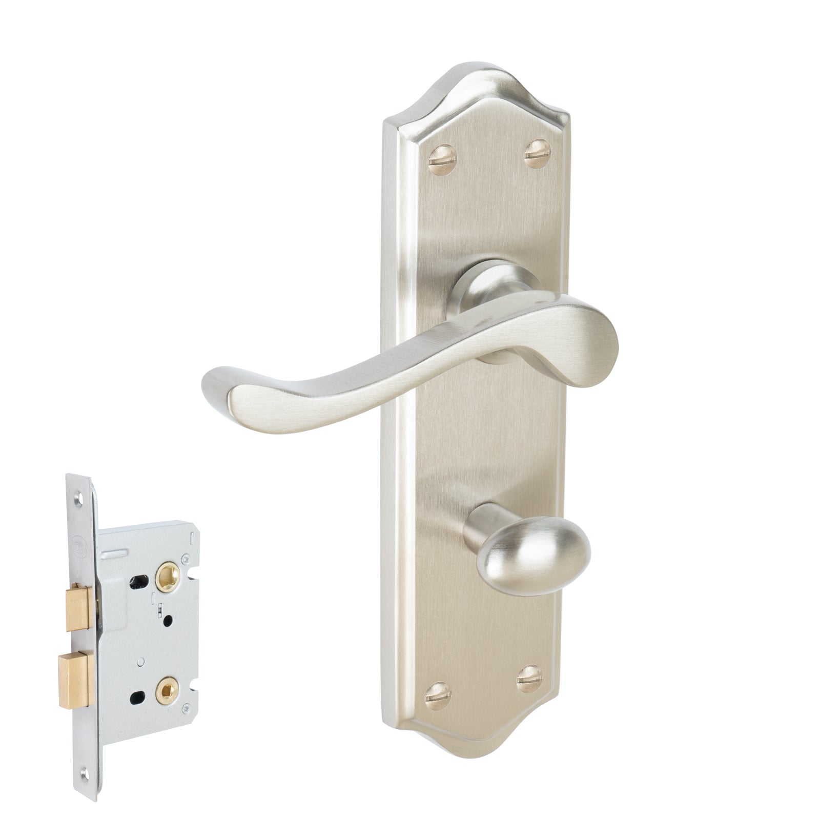 Buckingham Door Handles On Plate Bathroom Handle Set in Satin Nickel