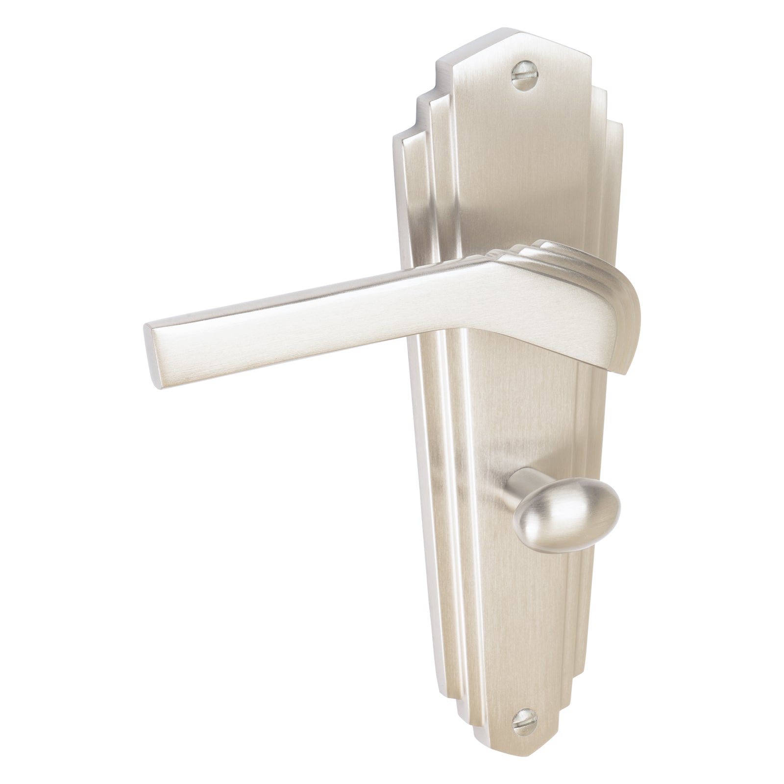 Waldorf Door Handles On Plate Bathroom Handle in Satin Nickel