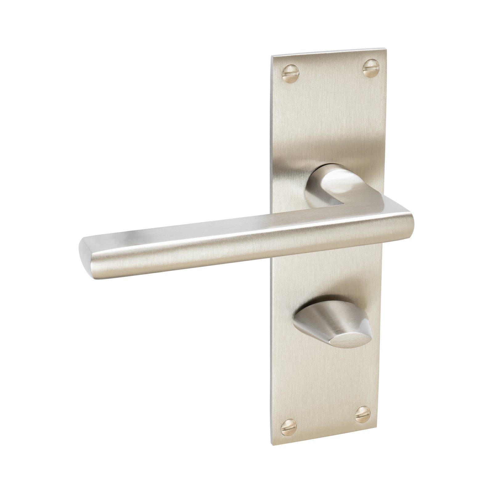 Trident Door Handles On Plate Bathroom Handle in Satin Nickel