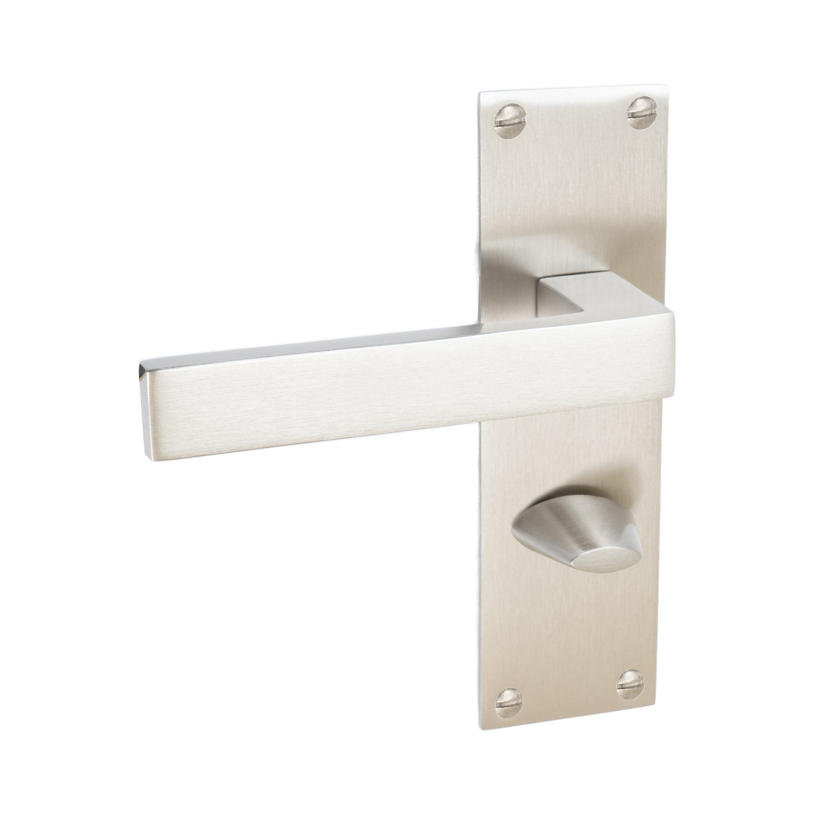 Metro Door Handles On Plate Bathroom Handle in Satin Nickel 