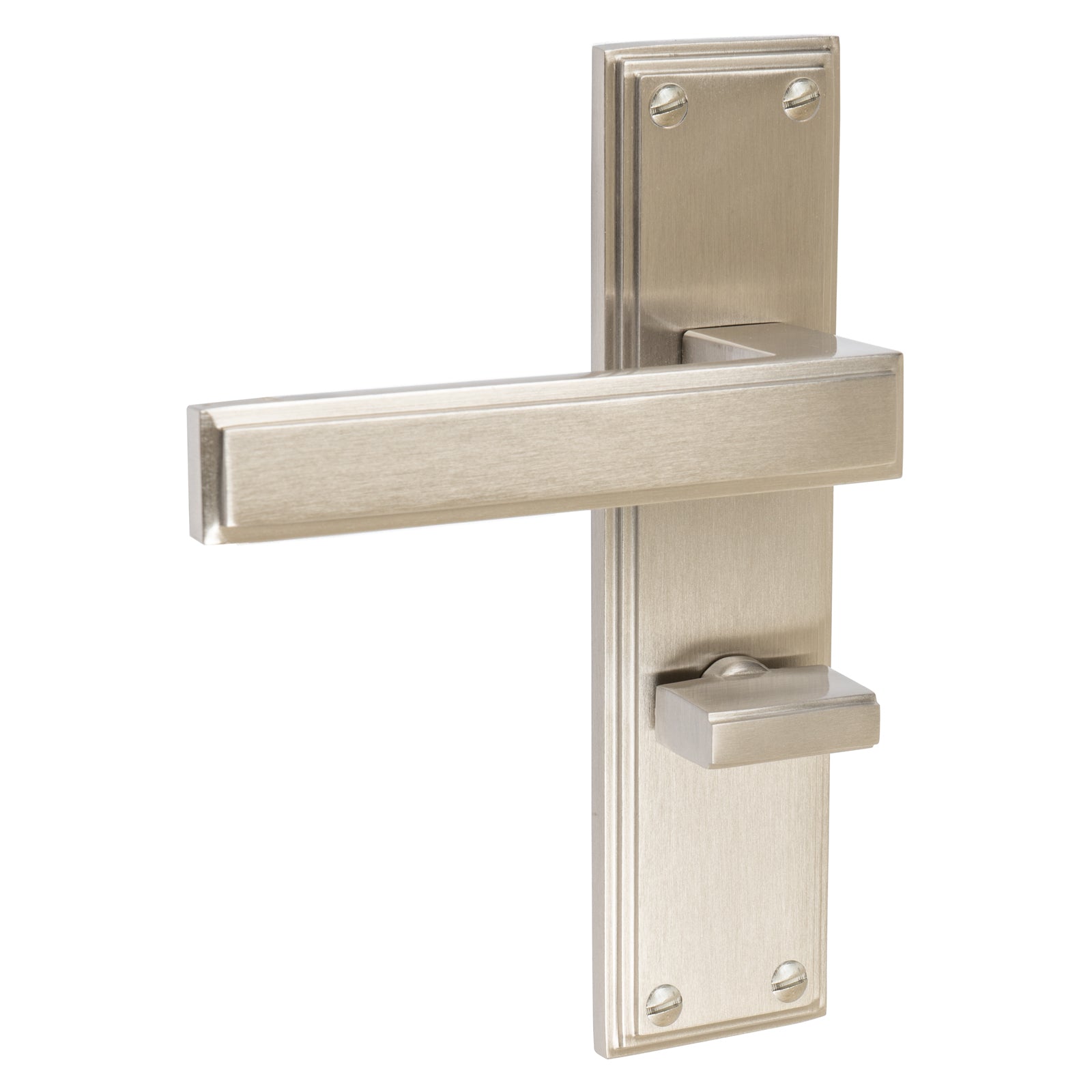 Atlantis Door Handles On Plate Bathroom Handle in Satin Nickel