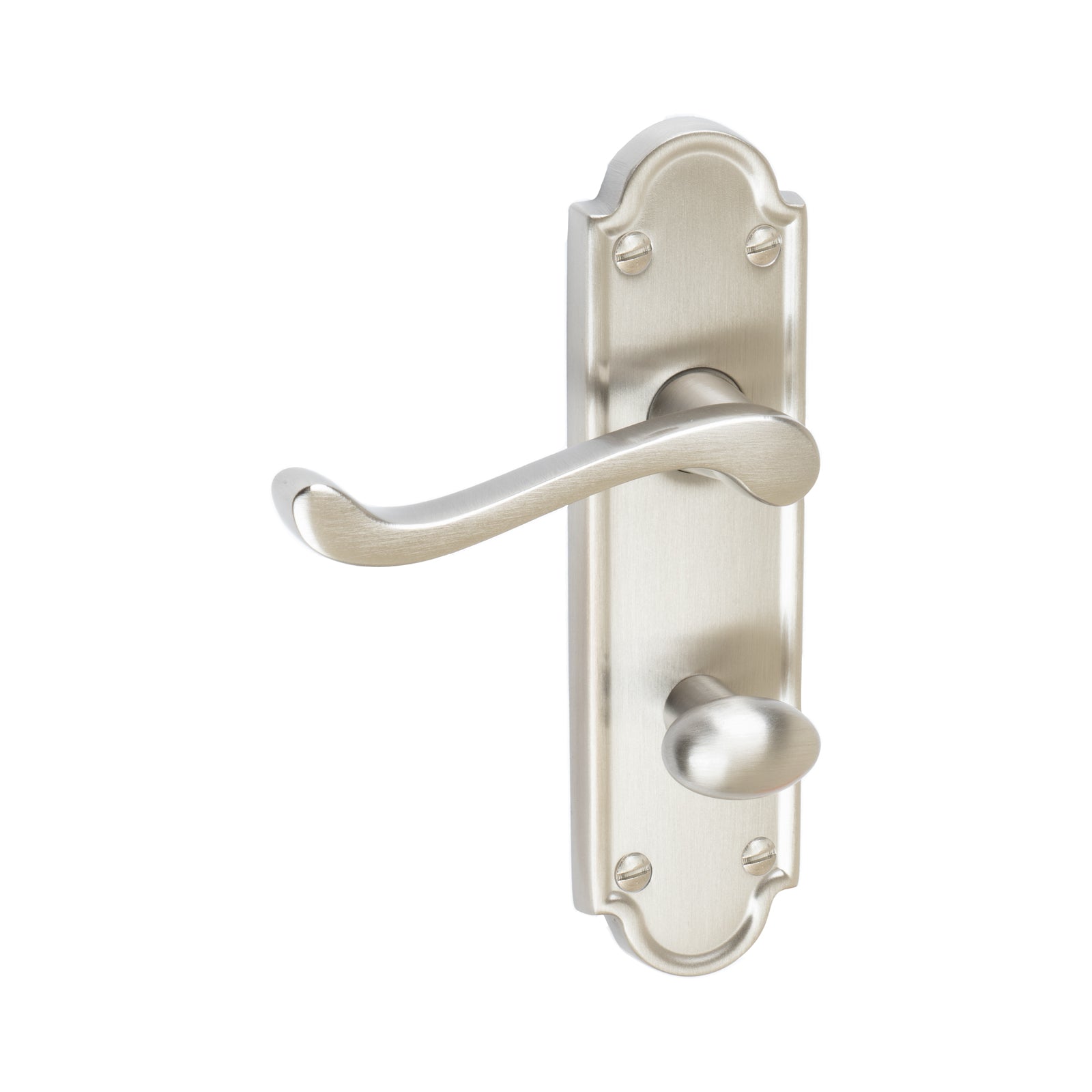 Meridian Door Handles On Plate Bathroom Handle in Satin Nickel