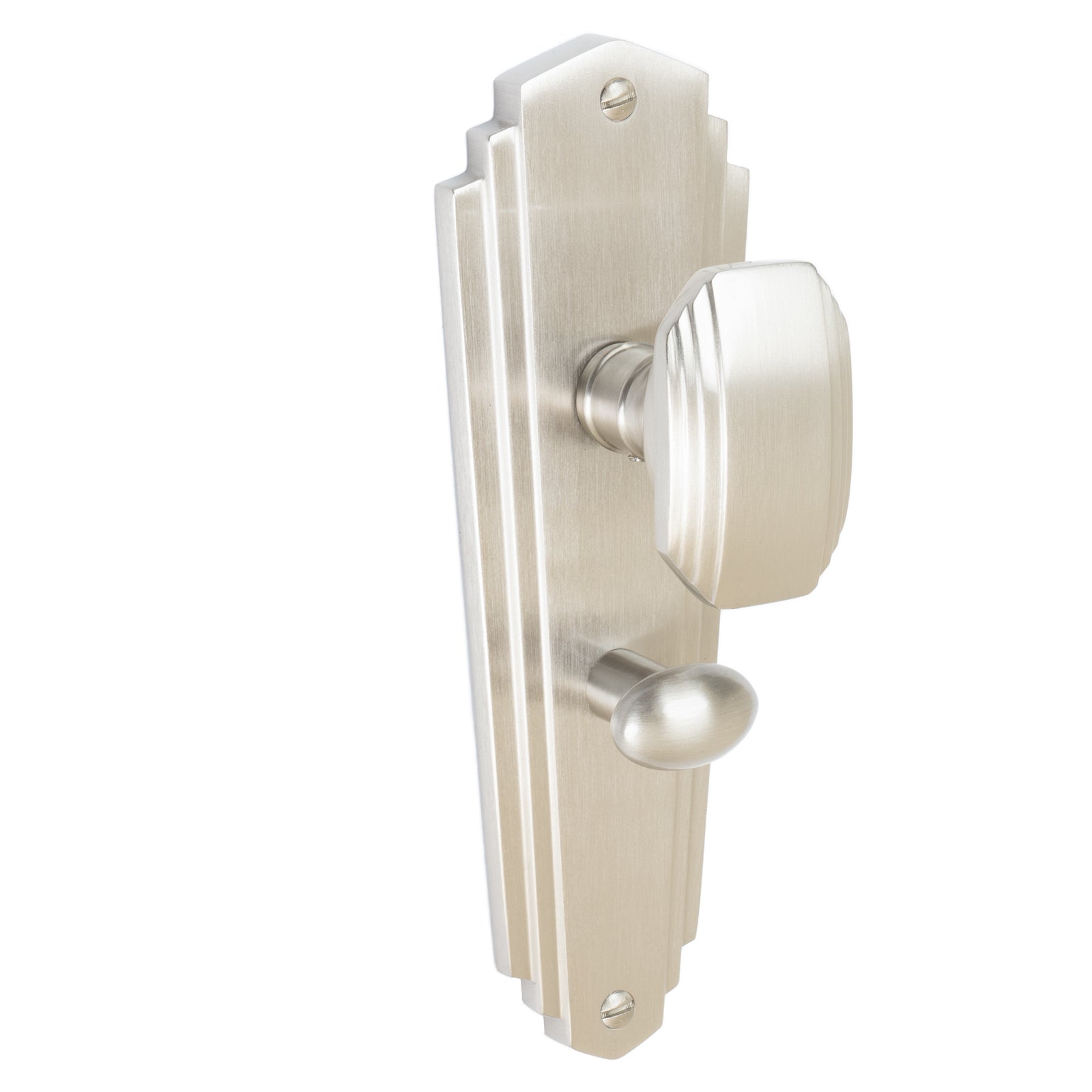 Charlston Door Handles On Plate Bathroom Handle in Satin Nickel