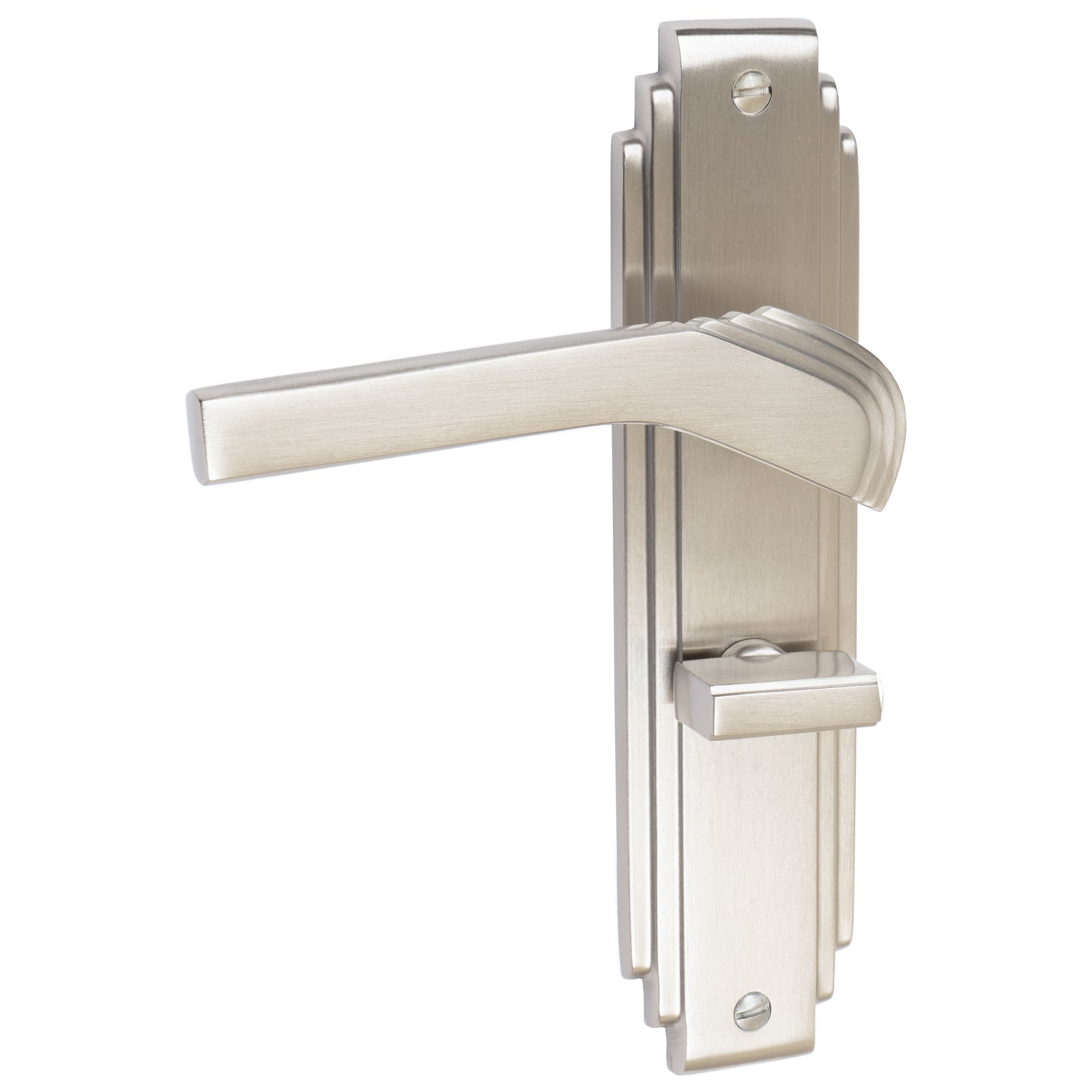 Tiffany Door Handles On Plate Bathroom Handle in Satin Nickel